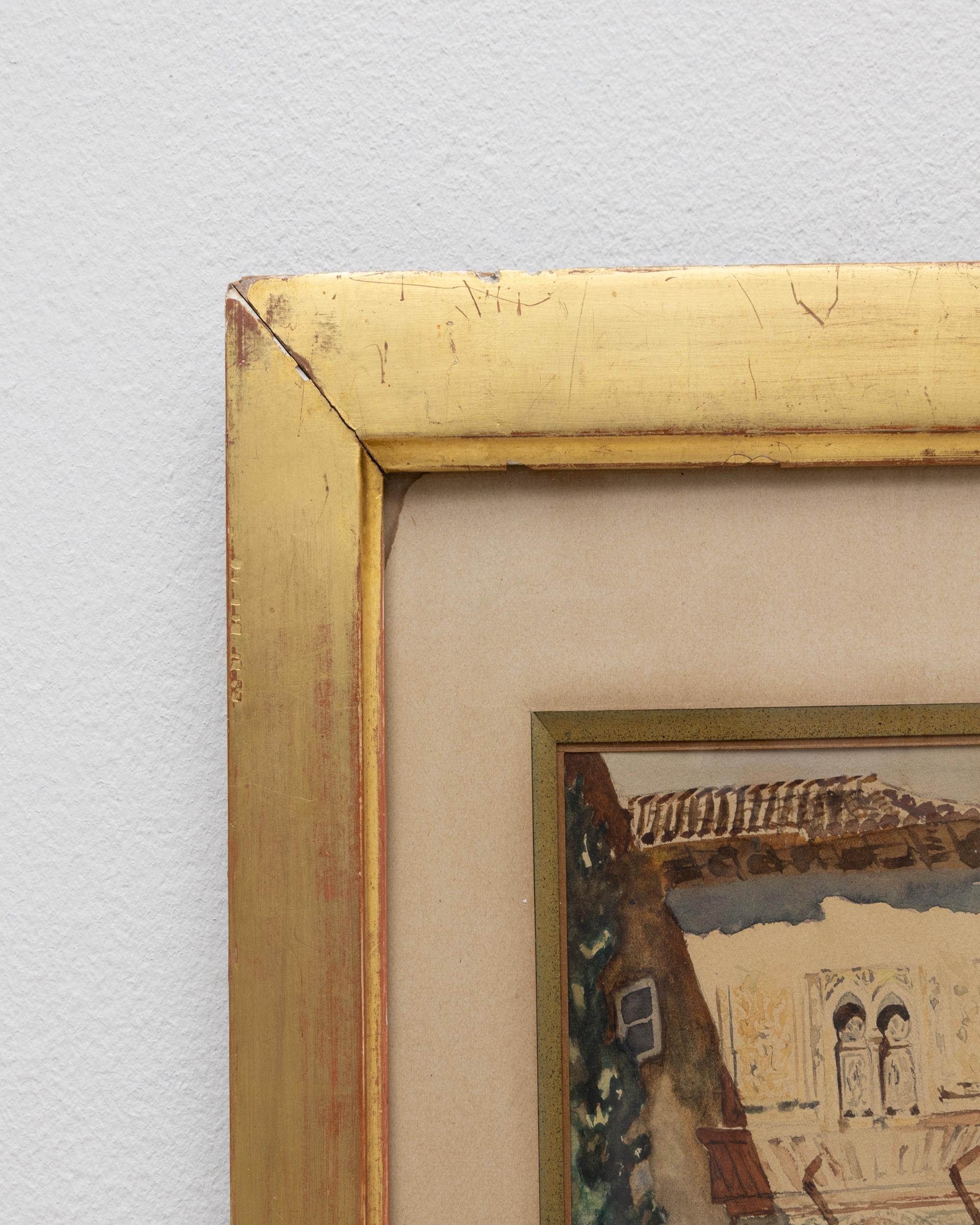 Esquisse de bâtiment Passe-partout français du 20e siècle avec cadre en bois doré en vente 2