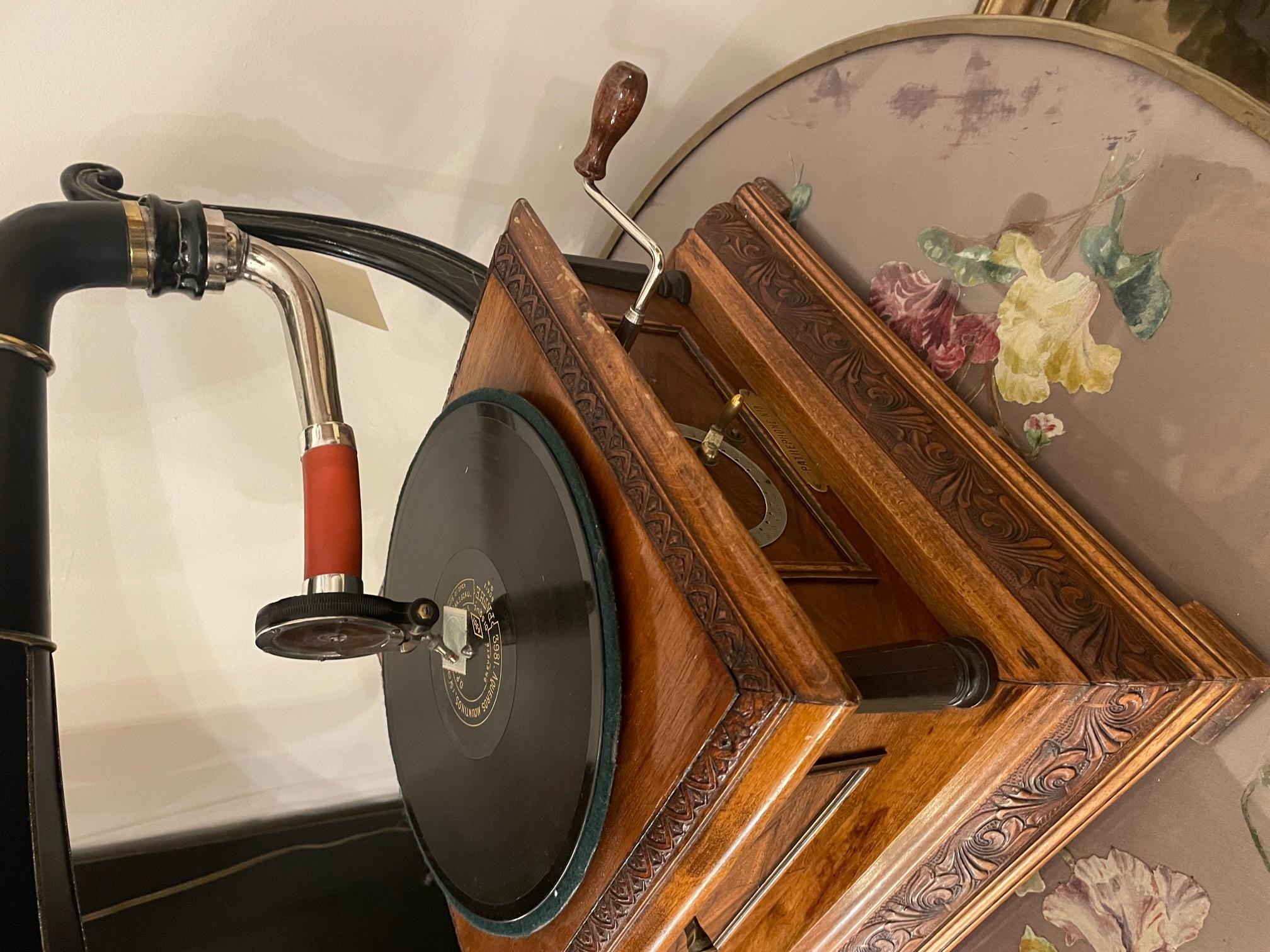 Painted 20th Century French Pathe Walnut and Sheet Metal Gramophone, 1920s