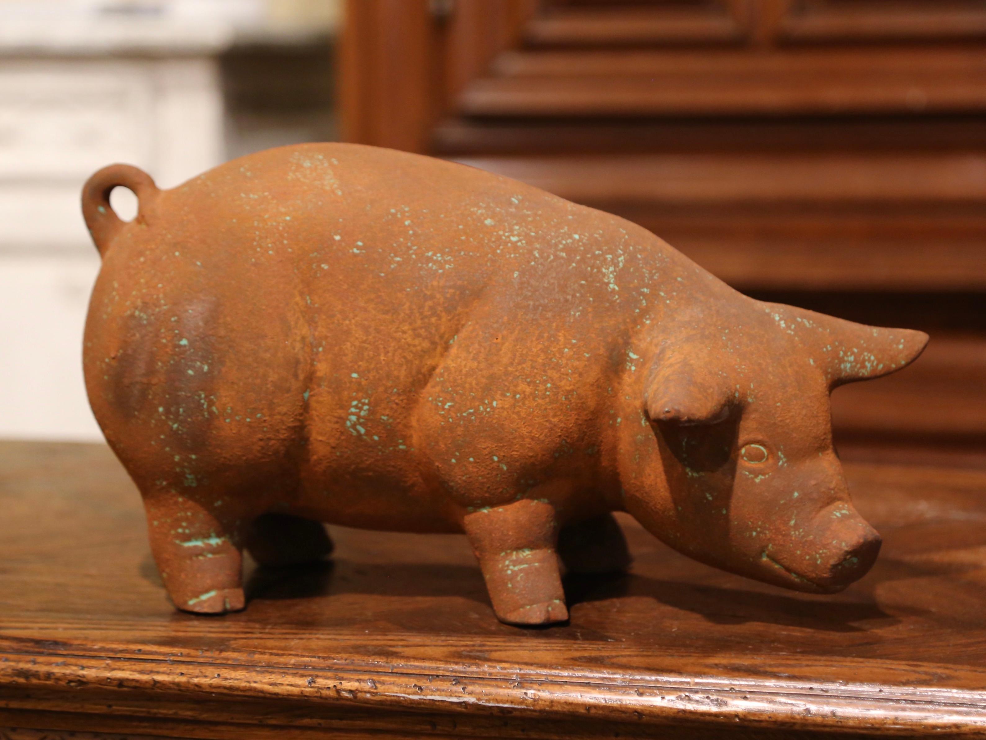 20th Century French Patinated Terracotta Garden Pig Sculpture In Excellent Condition In Dallas, TX