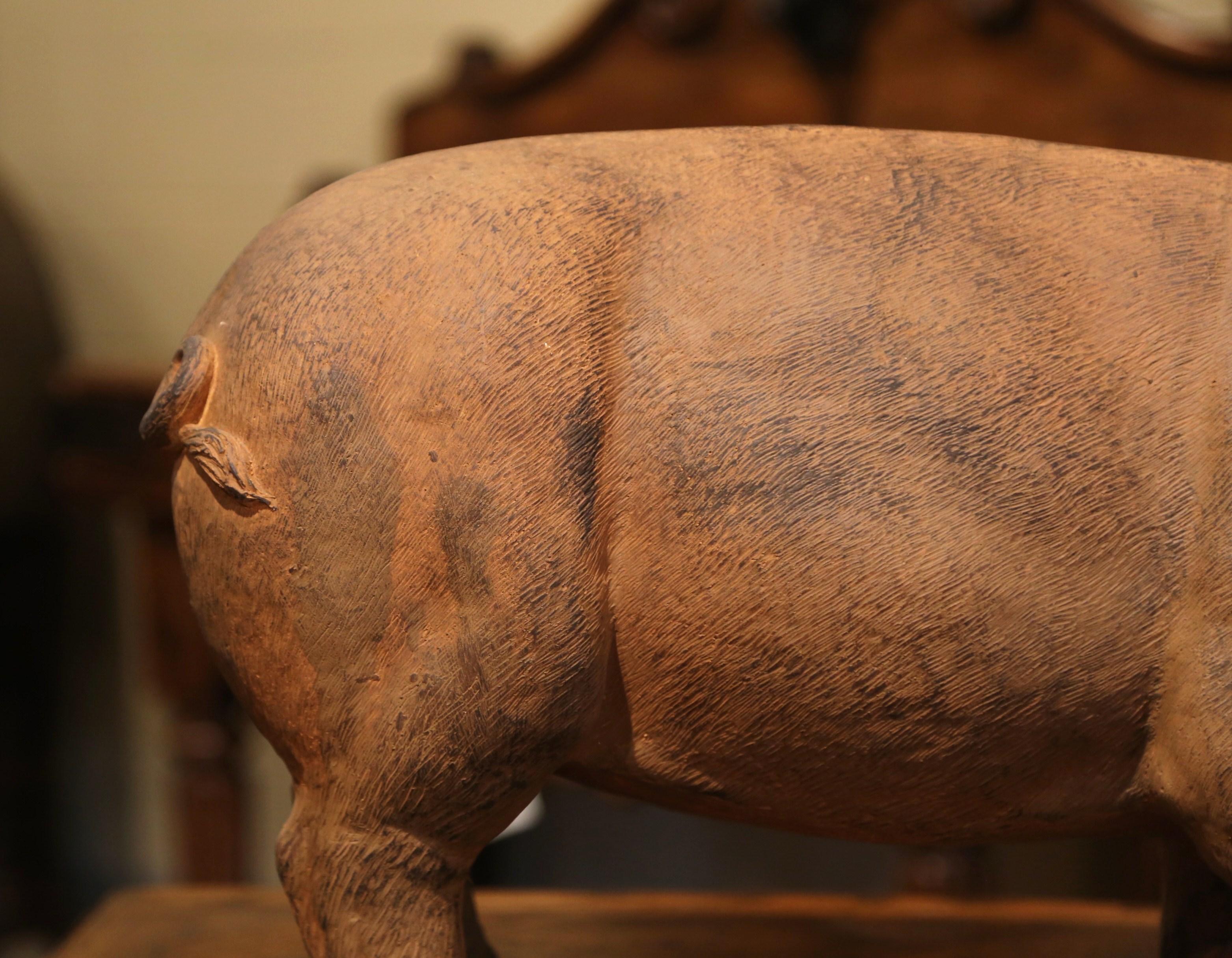 20th Century French Patinated Terracotta Garden Pig Sculpture 1