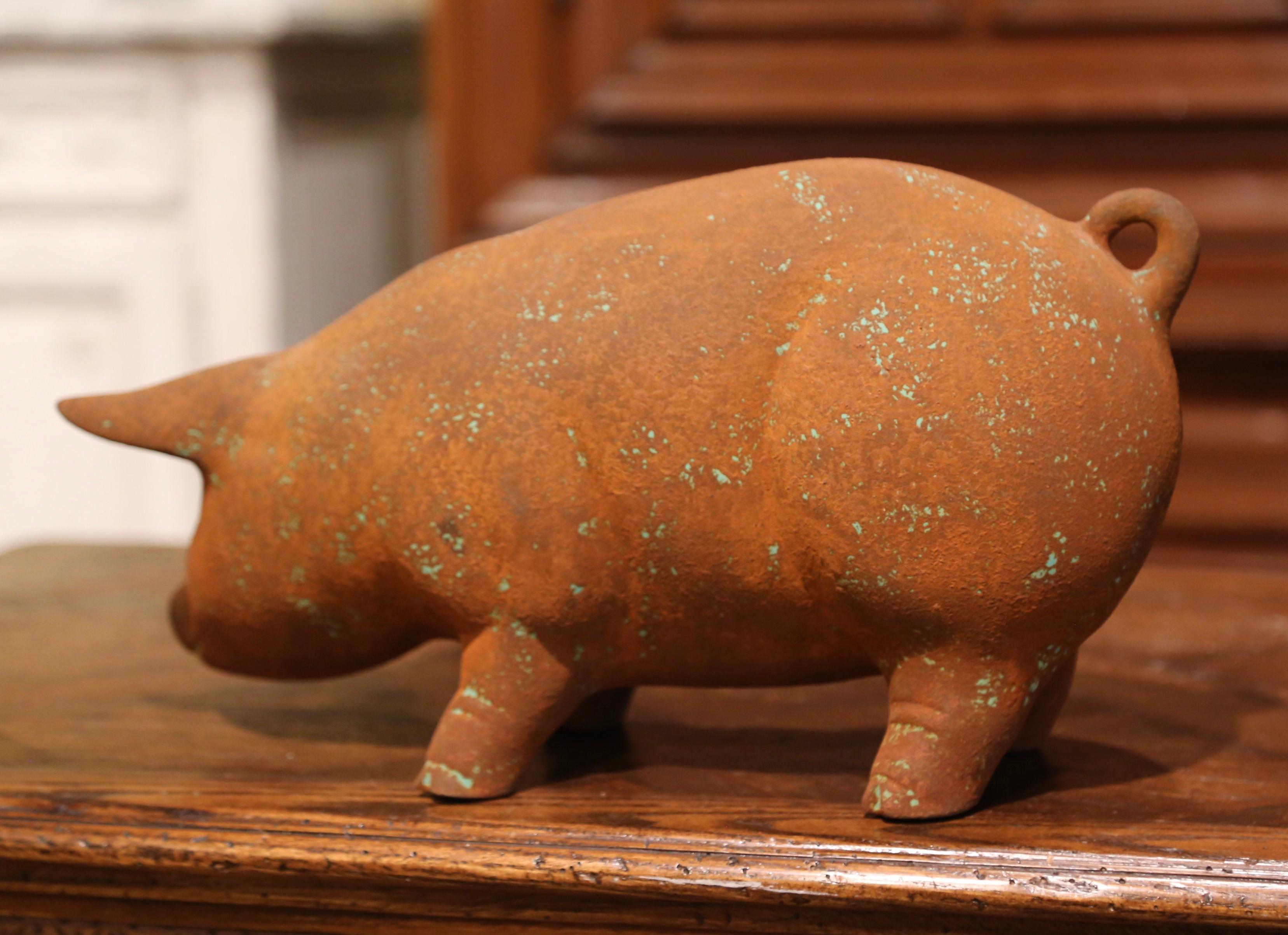 Contemporary 20th Century French Patinated Terracotta Garden Pig Sculpture