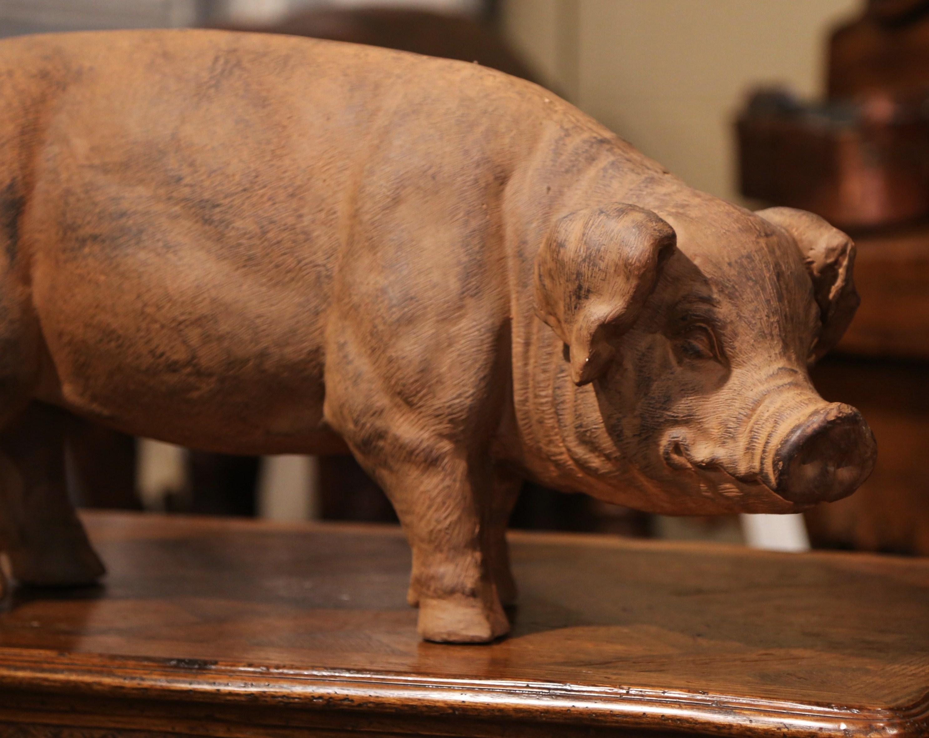 20th Century French Patinated Terracotta Garden Pig Sculpture 2