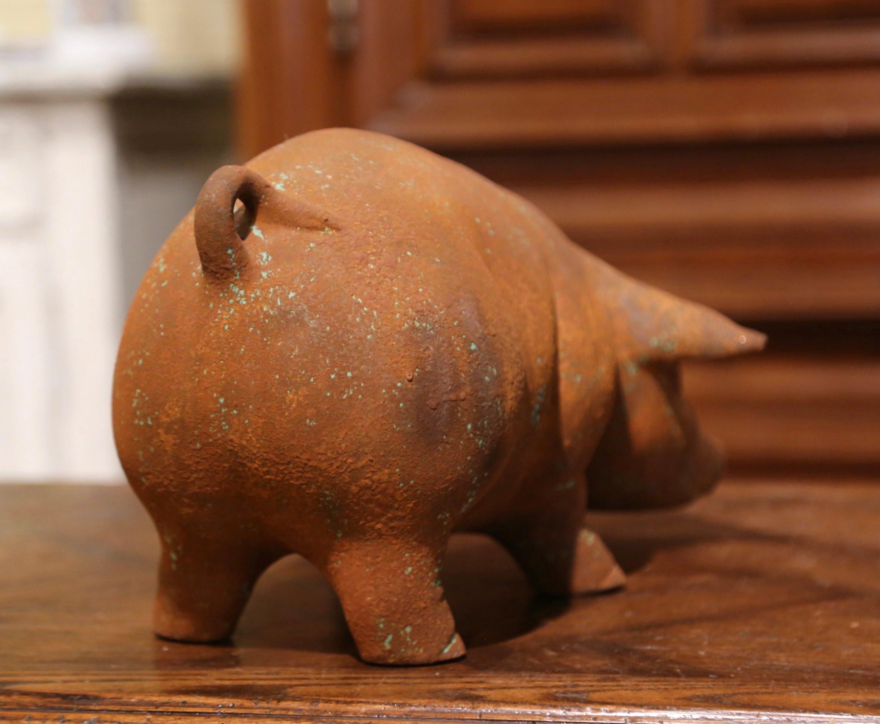 20th Century French Patinated Terracotta Garden Pig Sculpture 1