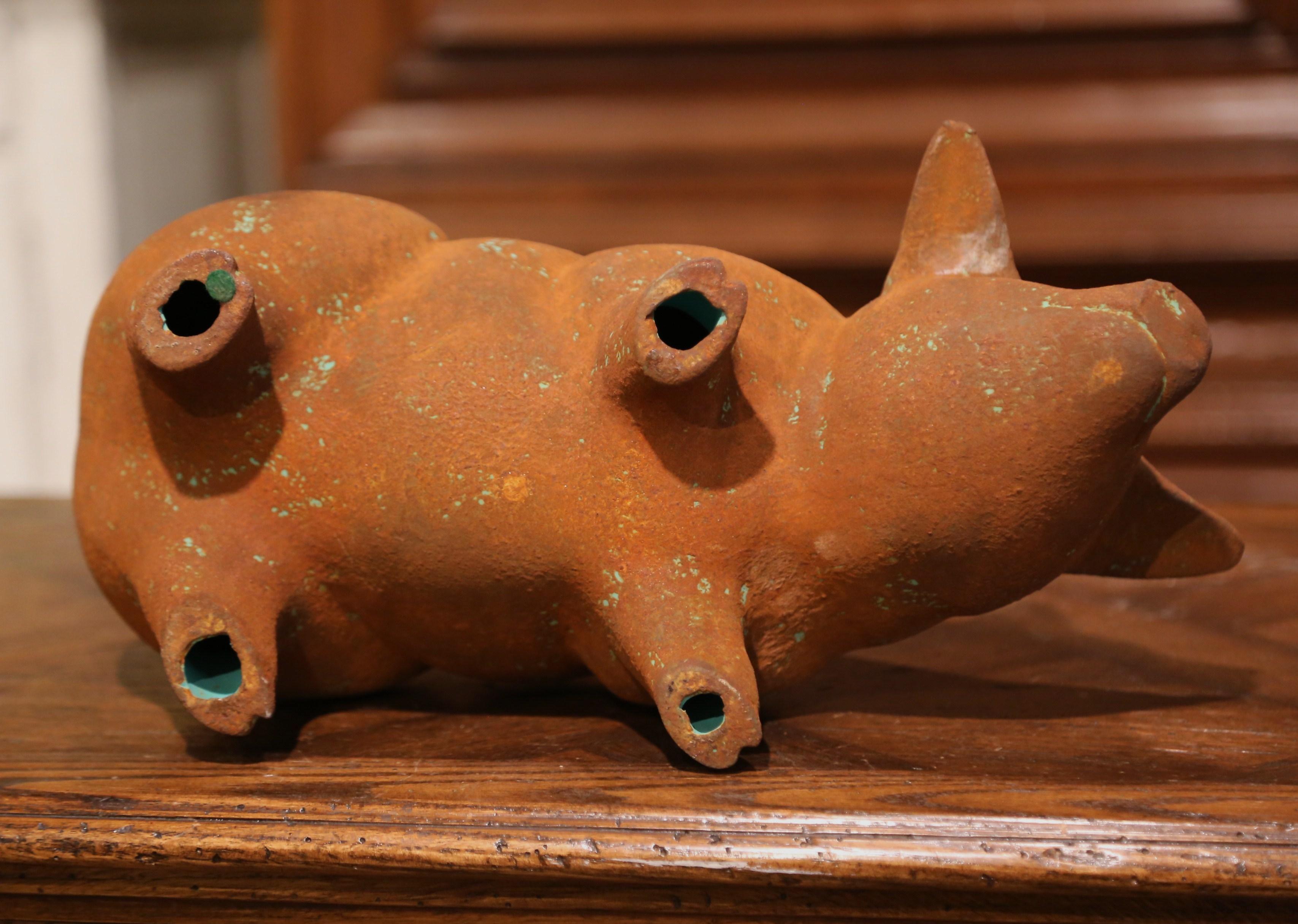 20th Century French Patinated Terracotta Garden Pig Sculpture 2