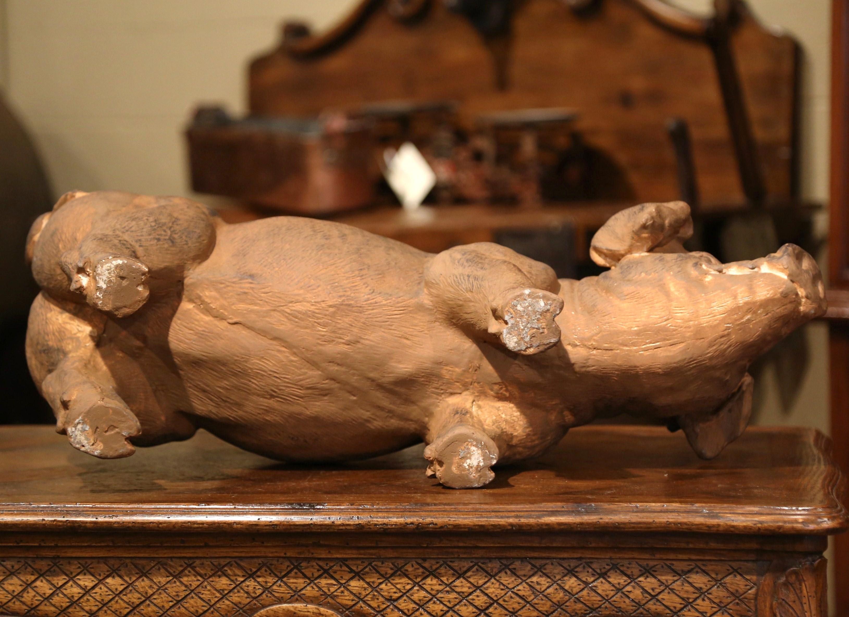20th Century French Patinated Terracotta Garden Pig Sculpture 4