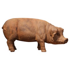 20th Century French Patinated Terracotta Garden Pig Sculpture