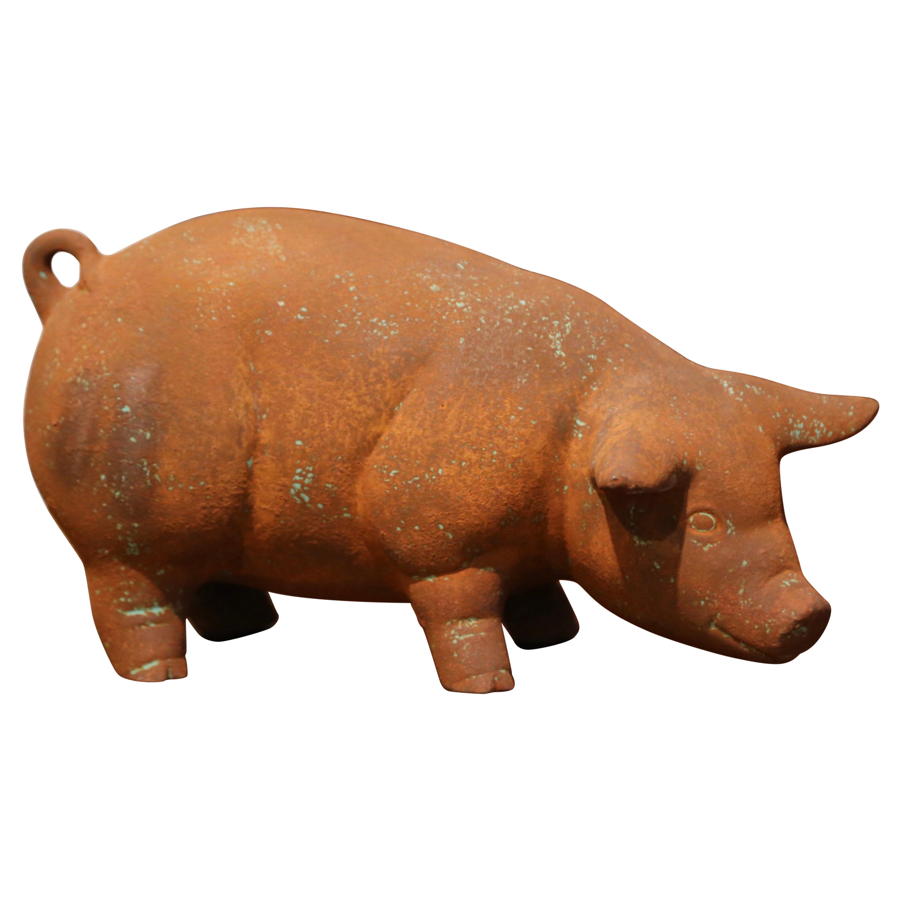 20th Century French Patinated Terracotta Garden Pig Sculpture