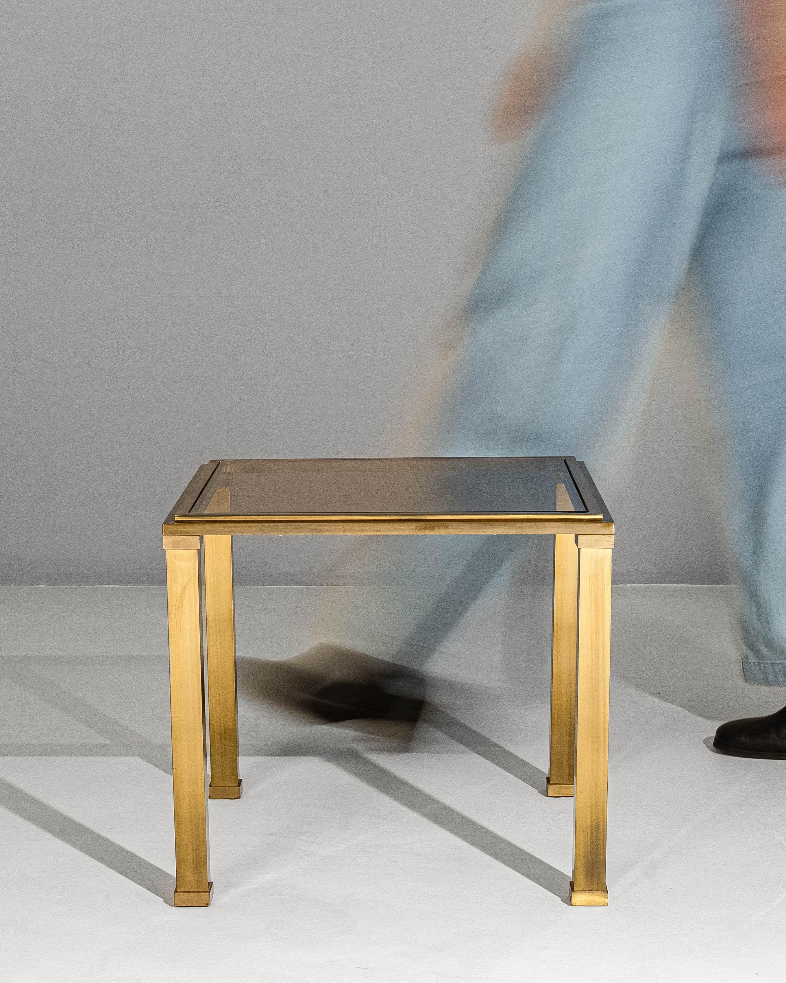 20ième siècle 20th Century French Pierre Vandel Style Brass & Glass Coffee Table en vente