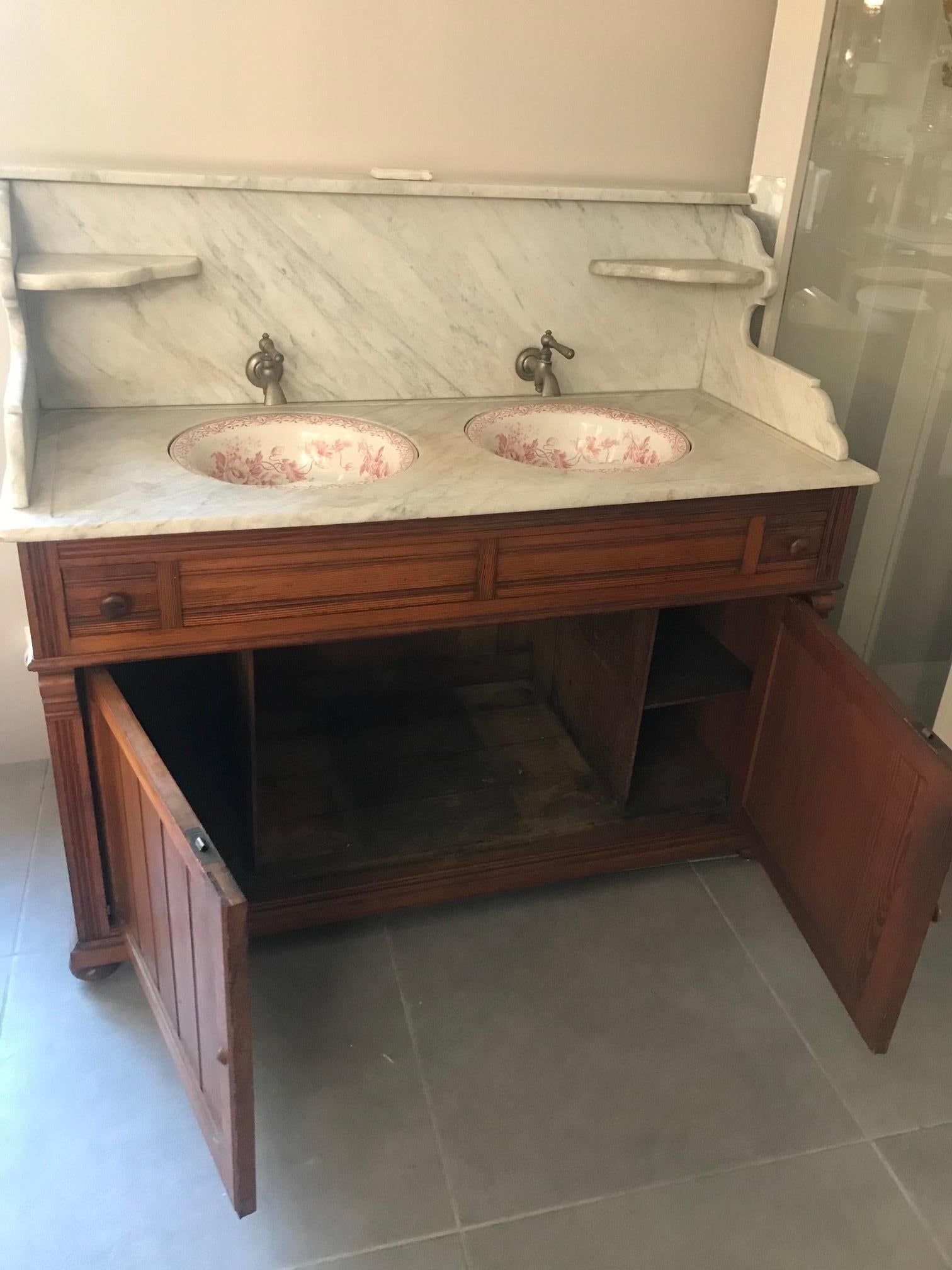 20th Century French Pitch Pine and Marble Bathroom Cabinet, 1900s 2