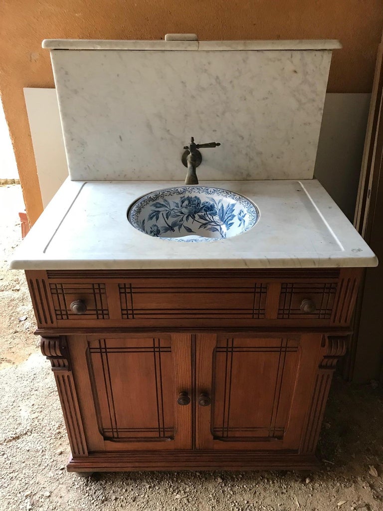 20th Century French Pitch Pine and MarbleTop Bathroom 1920s