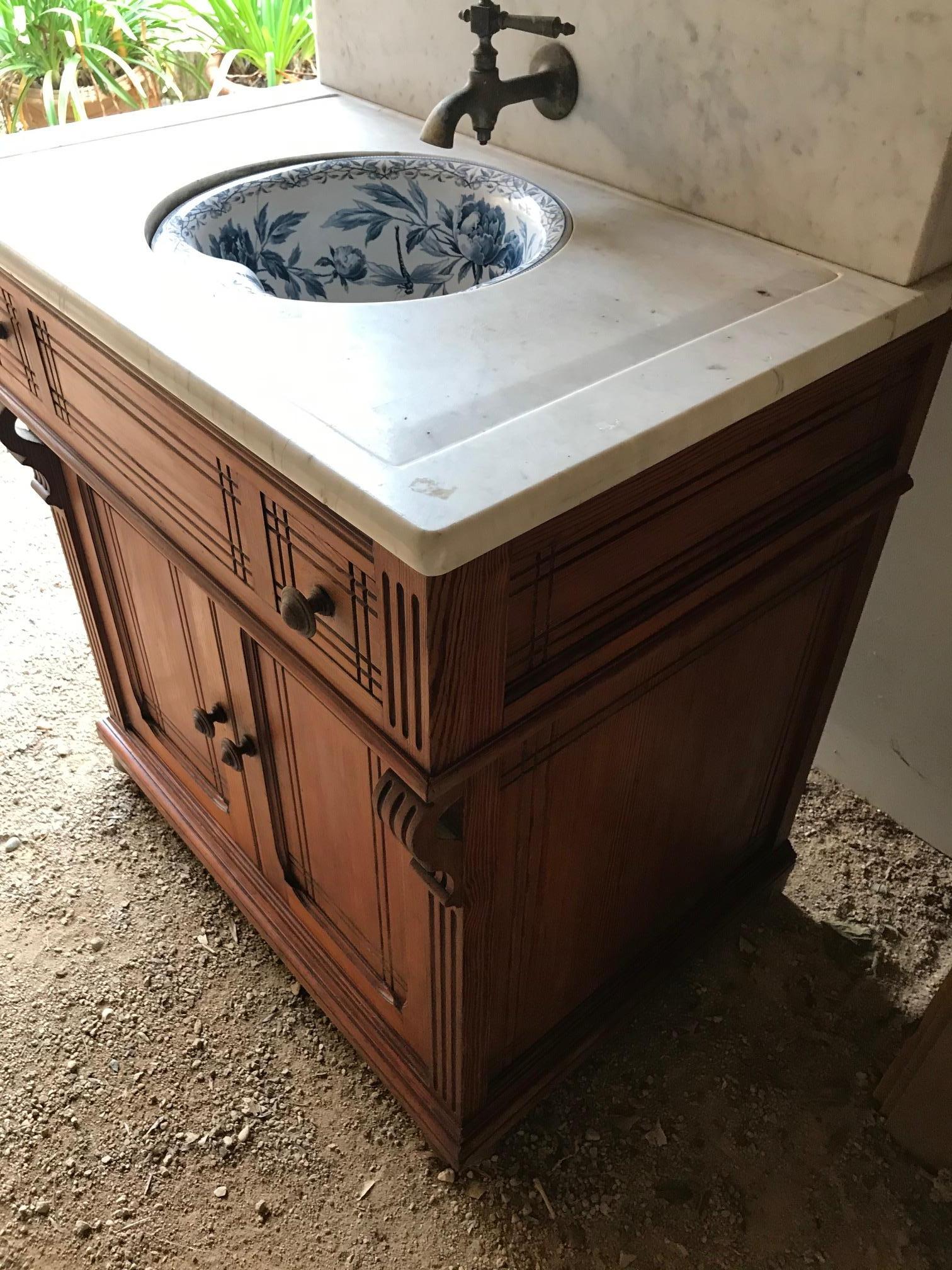 Early 20th Century 20th Century French Pitch Pine and Marble-Top Bathroom Cabinet, 1920s