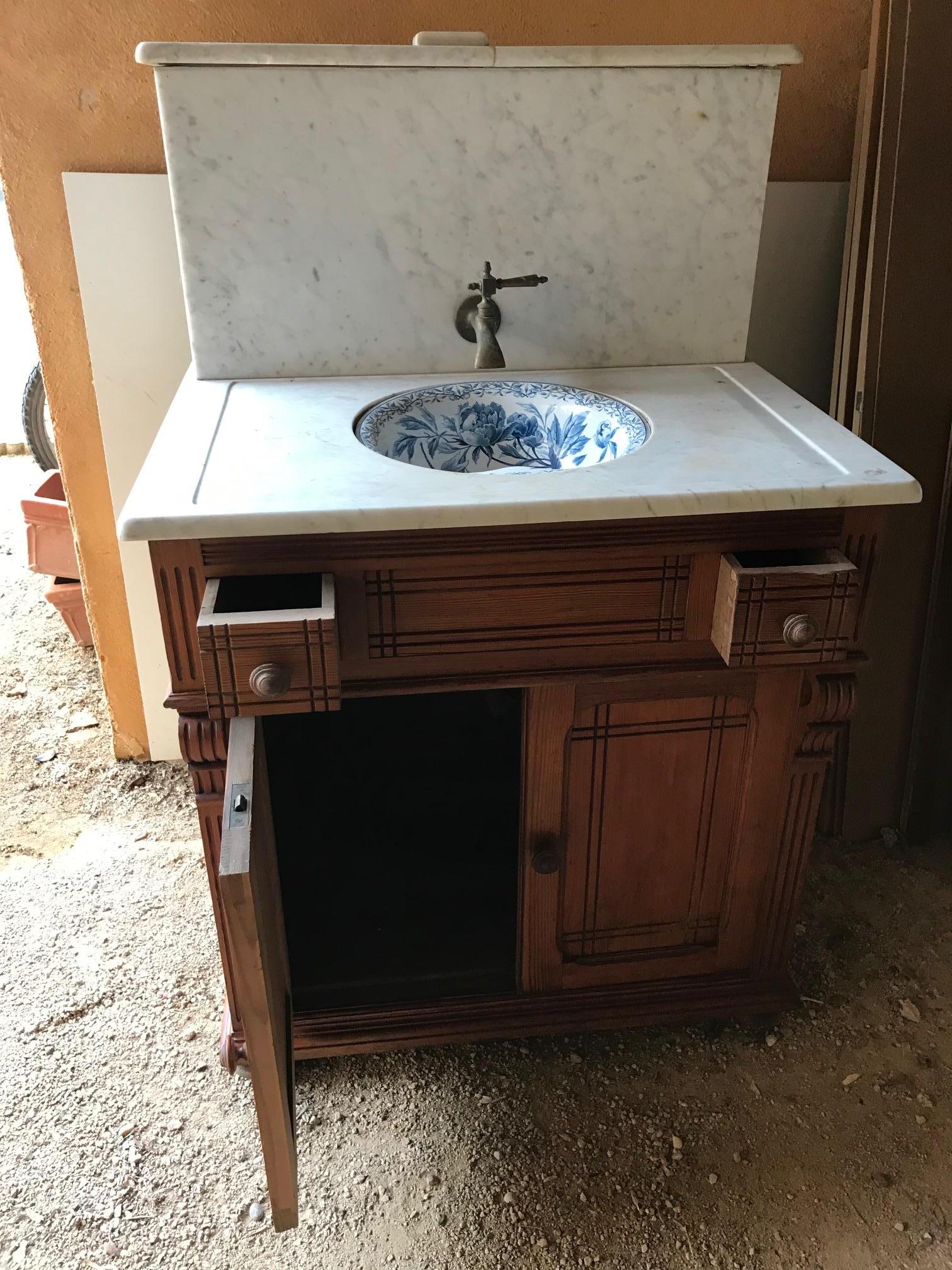 Porcelain 20th Century French Pitch Pine and Marble-Top Bathroom Cabinet, 1920s