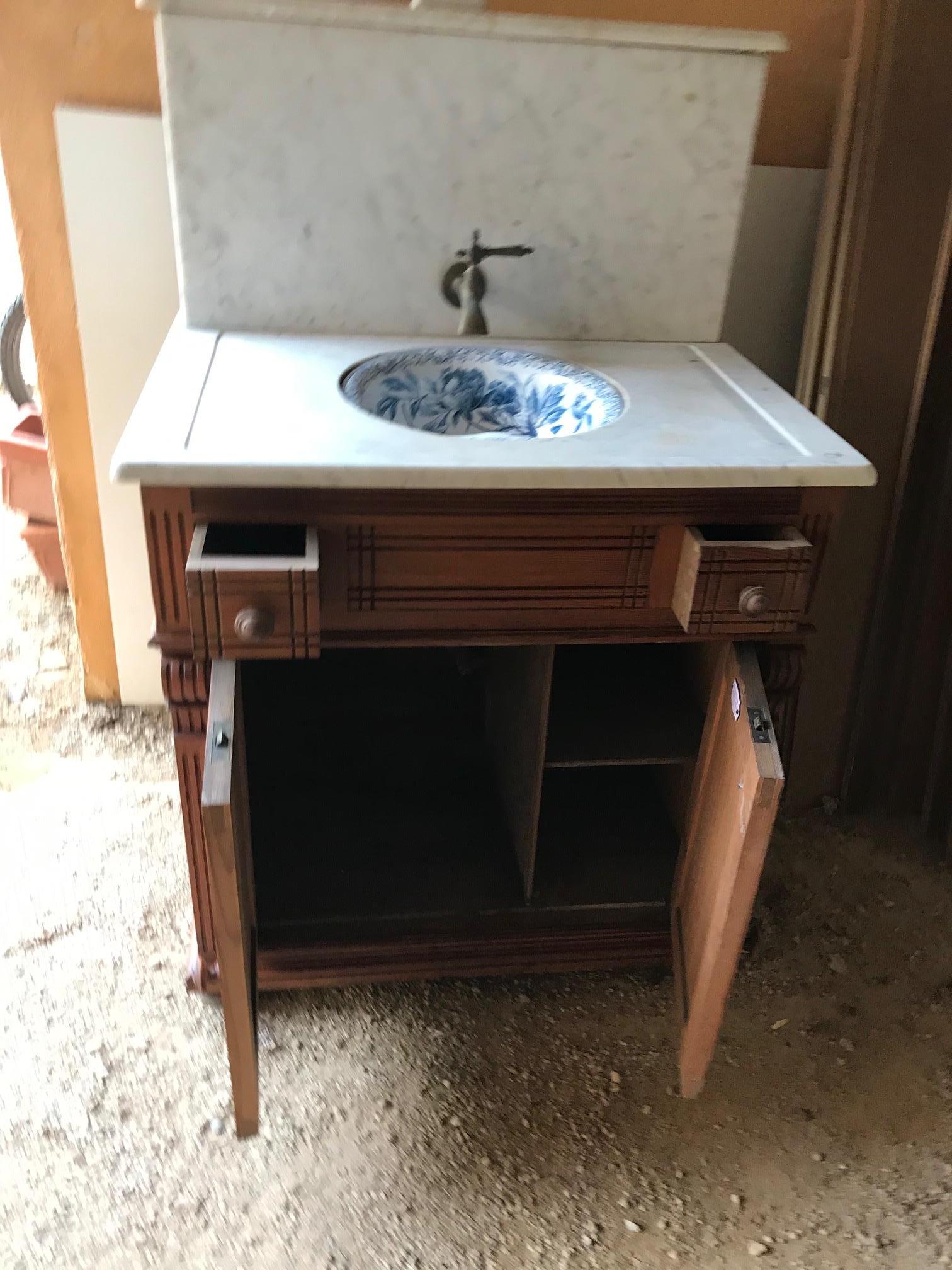 20th Century French Pitch Pine and Marble-Top Bathroom Cabinet, 1920s 1