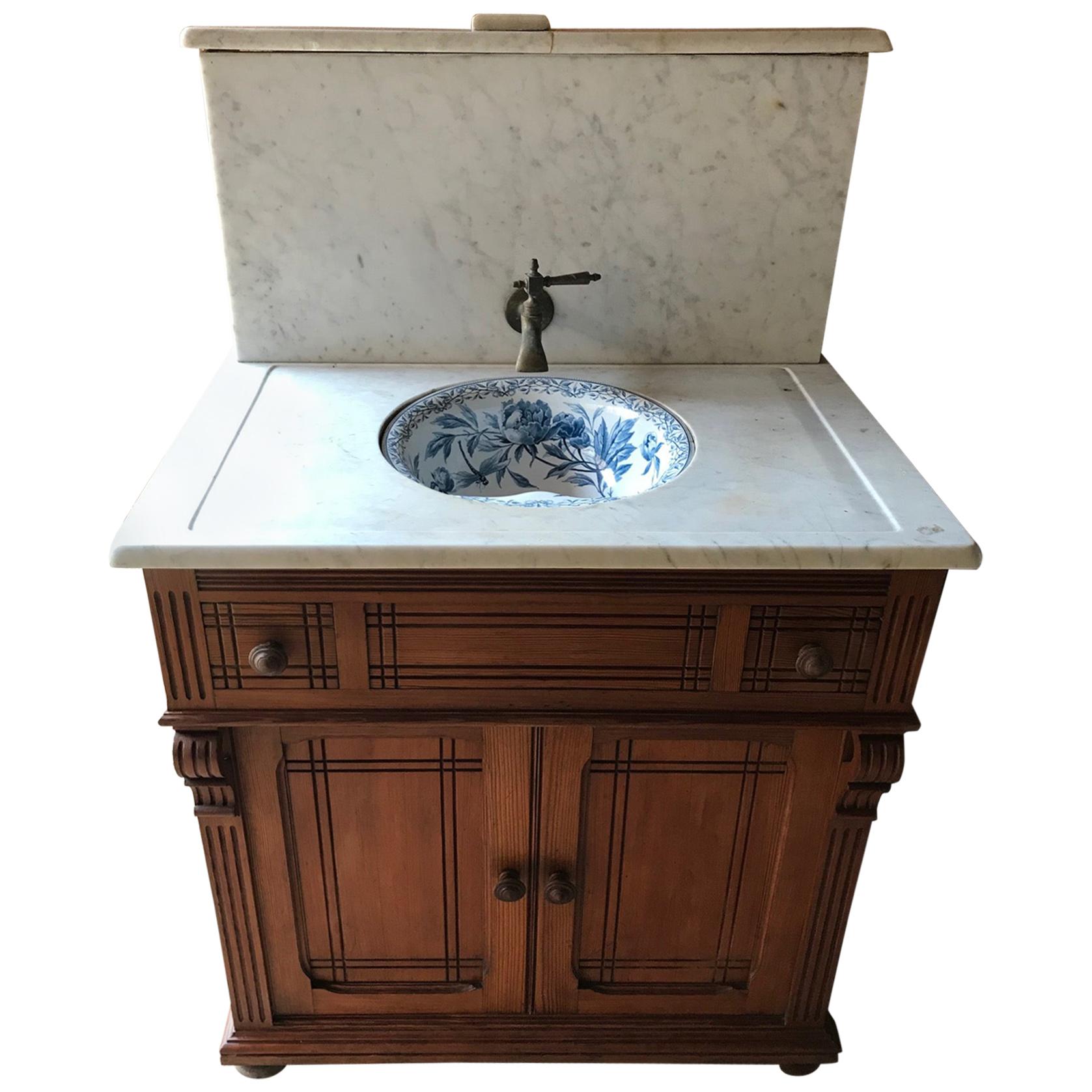 20th Century French Pitch Pine and Marble-Top Bathroom Cabinet, 1920s