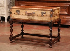 20th Century French Poplar and Leather Luggage Table on Carved Oak Stand