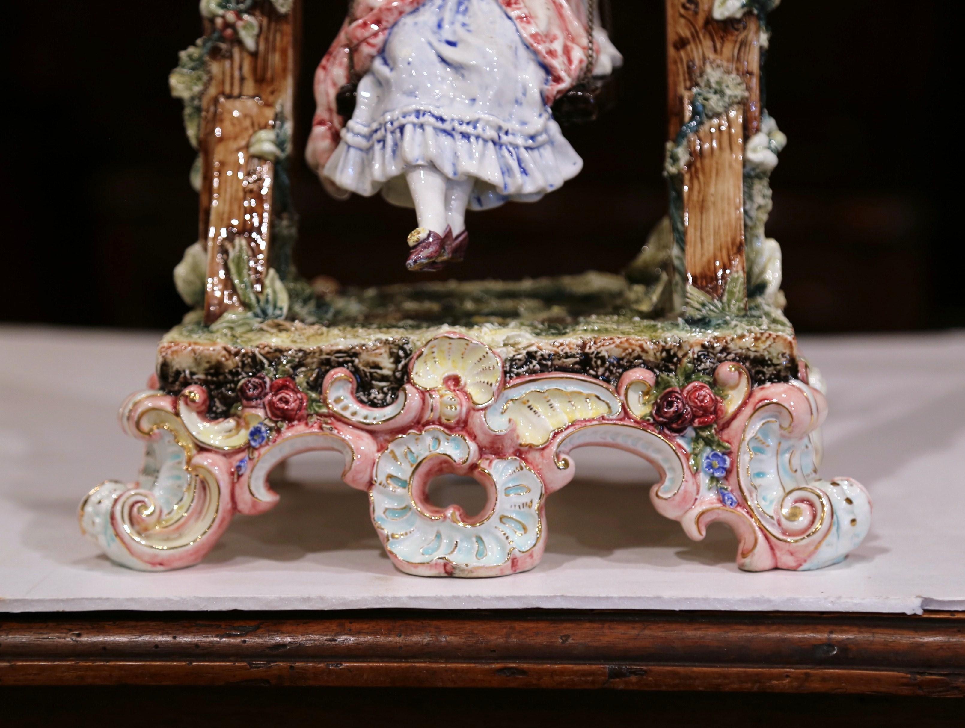 Hand-Crafted 20th Century French Porcelain Barbotine Composition with Young Beauty on Swing