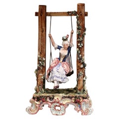 20th Century French Porcelain Barbotine Composition with Young Beauty on Swing