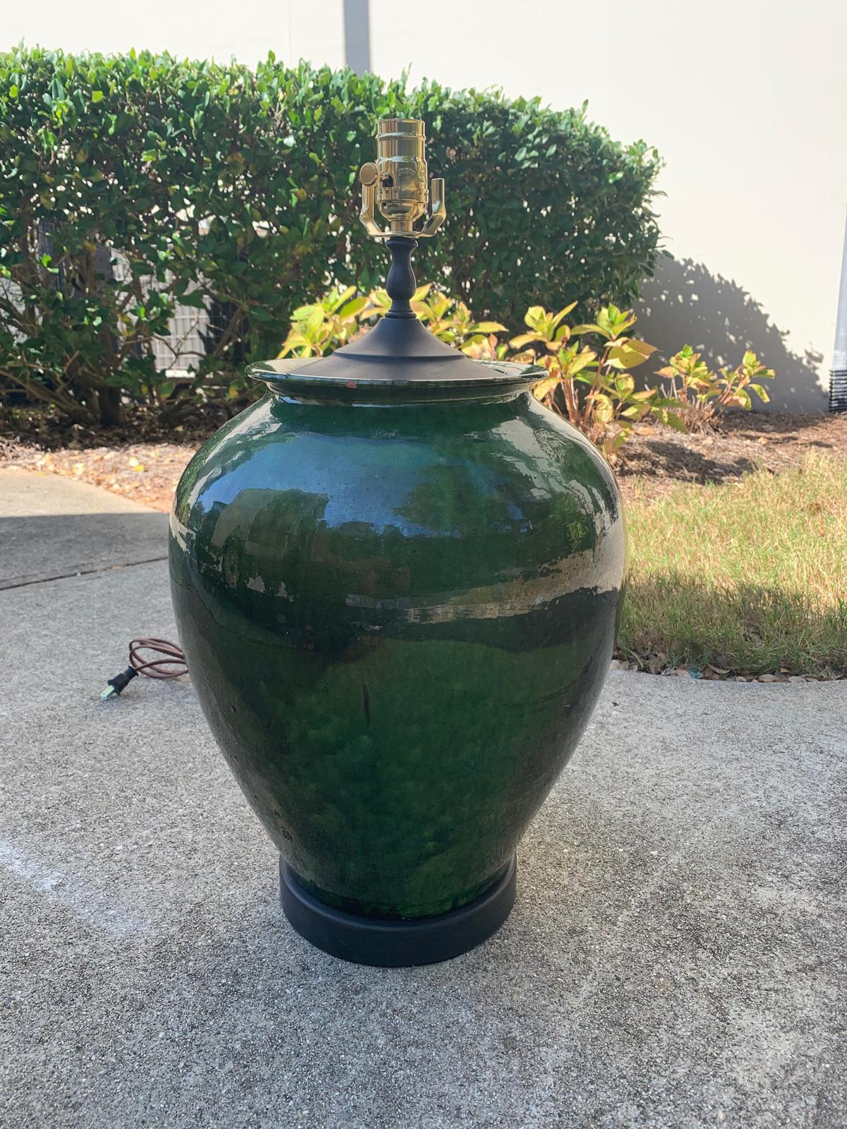 20th Century French Provincial Glazed Green Terracotta Pot as Lamp, Marked 14