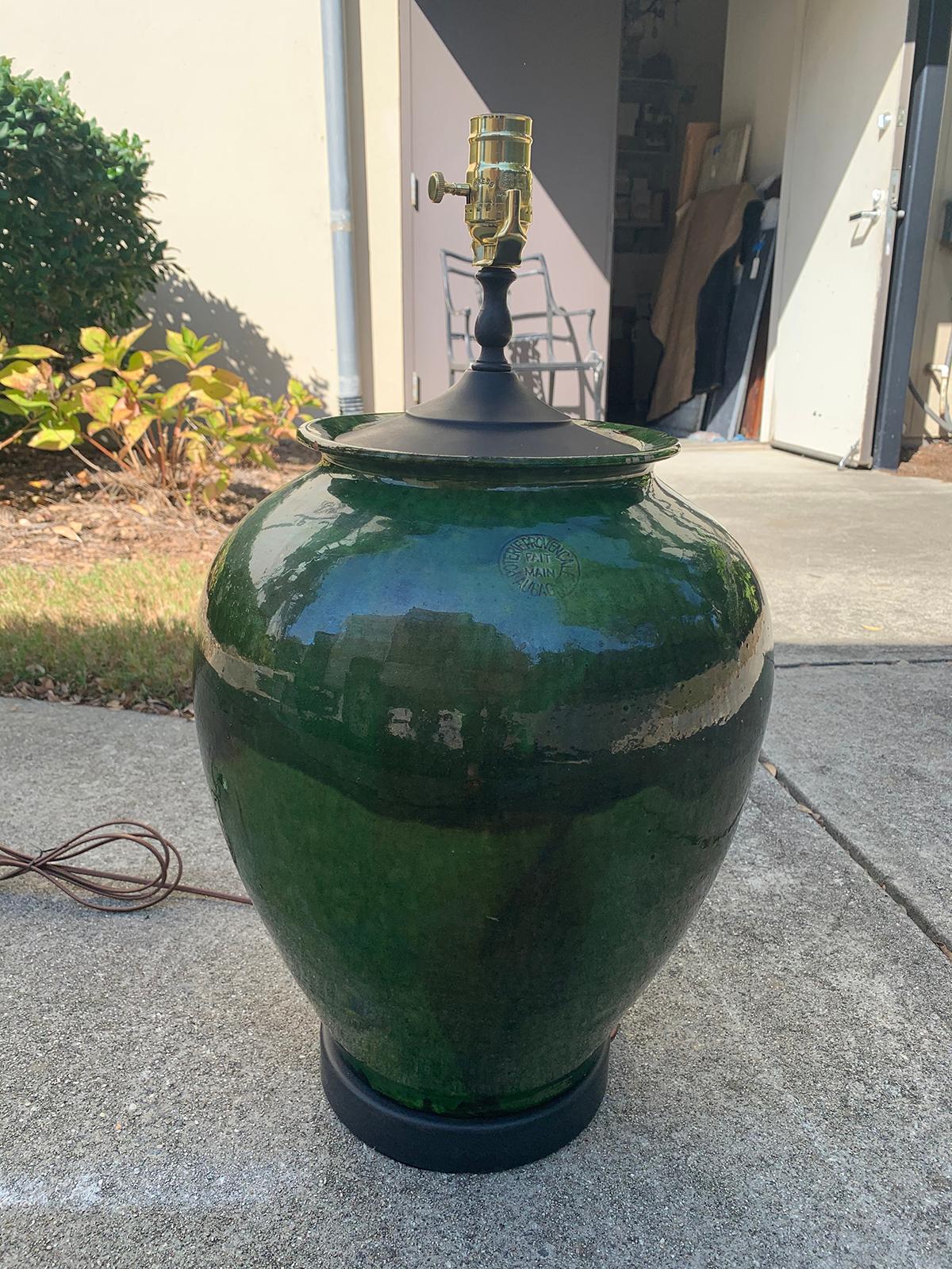 20th Century French Provincial Glazed Green Terracotta Pot as Lamp, Marked 5