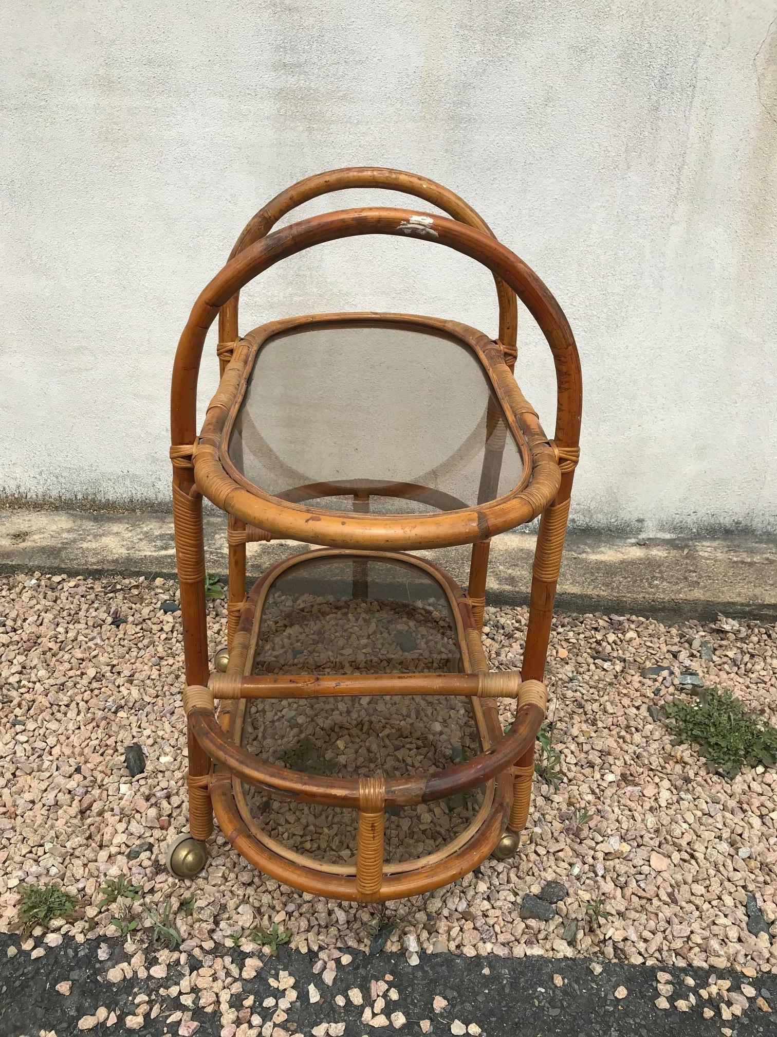 Mid-20th Century 20th Century French Rattan and Glass Rolling Dessert Table, 1960s