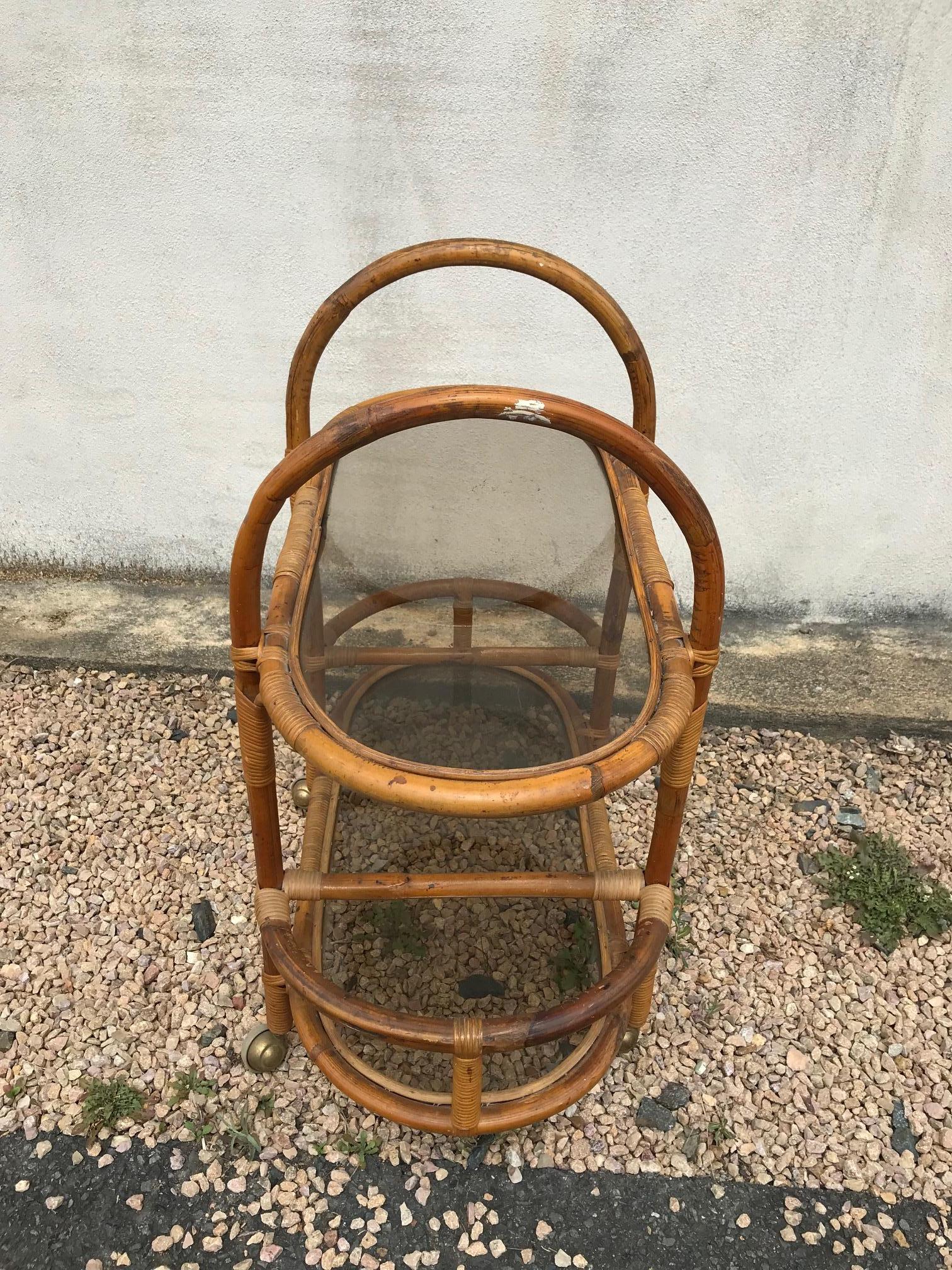 20th Century French Rattan and Glass Rolling Dessert Table, 1960s 2