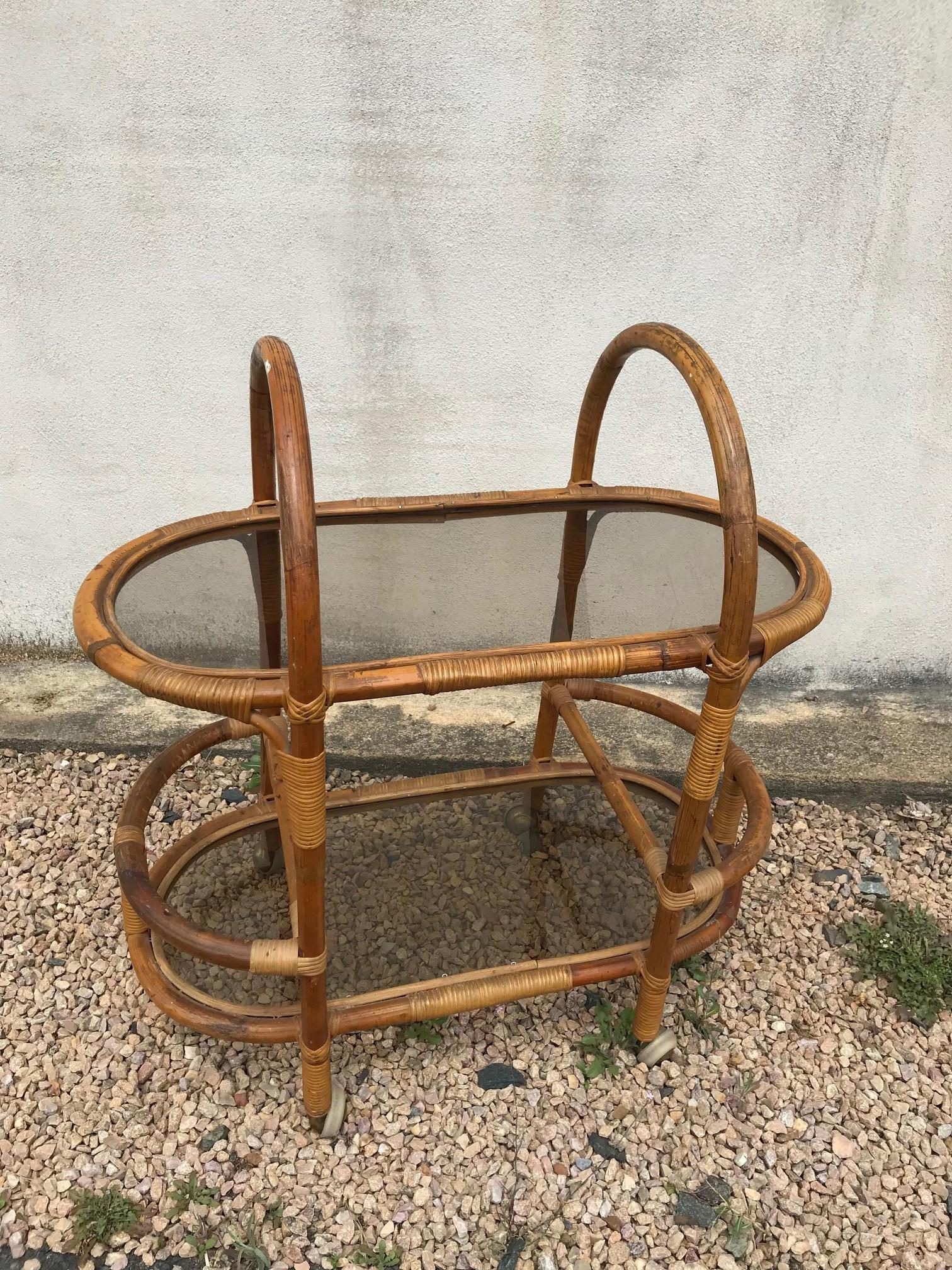 20th Century French Rattan and Glass Rolling Dessert Table, 1960s 3