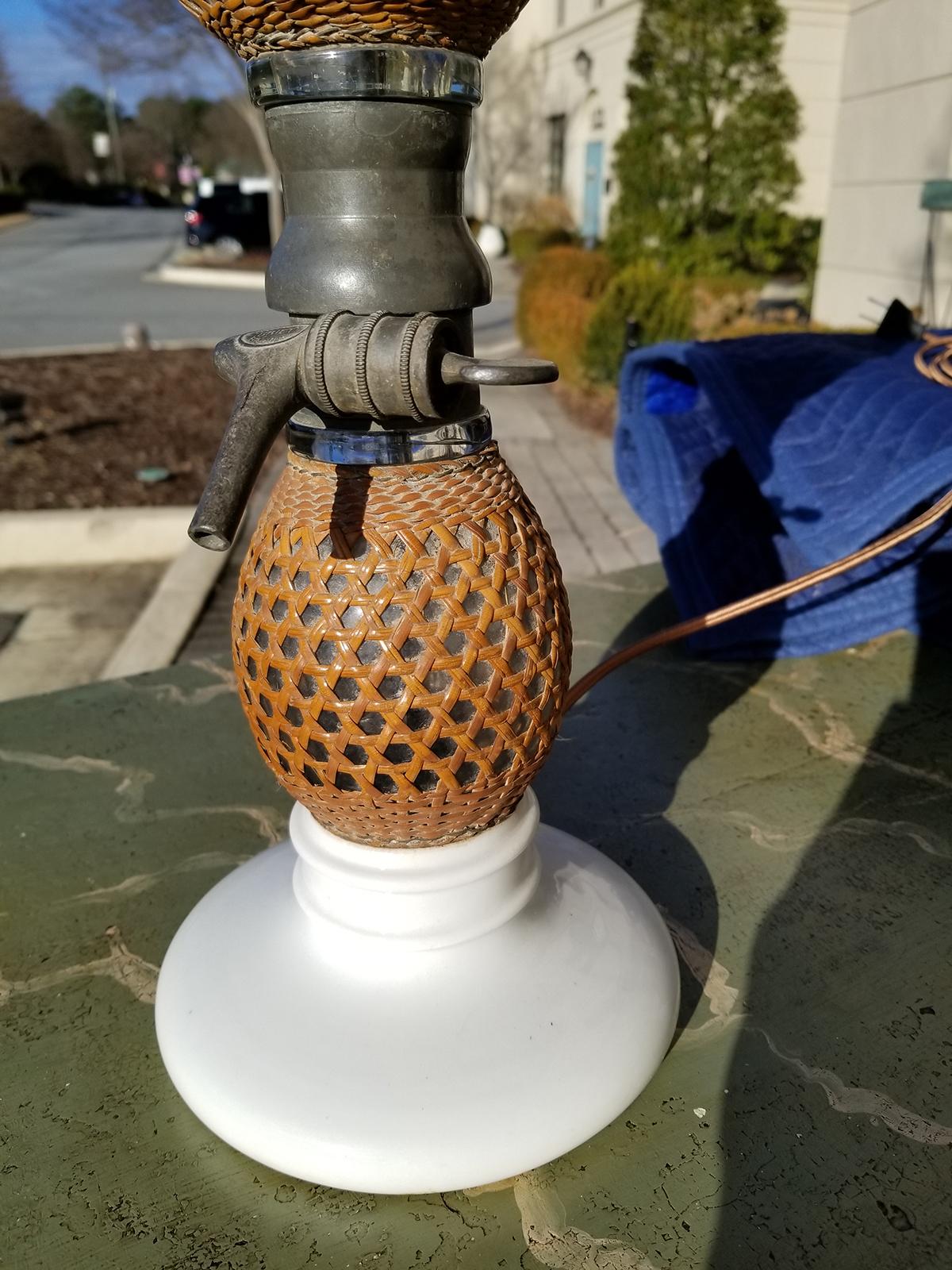 20th Century French Rattan Covered Glass Seltzer Bottle as Lamp In Good Condition For Sale In Atlanta, GA