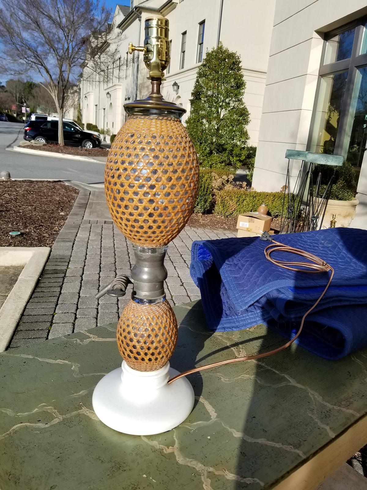 Ceramic 20th Century French Rattan Covered Glass Seltzer Bottle as Lamp For Sale