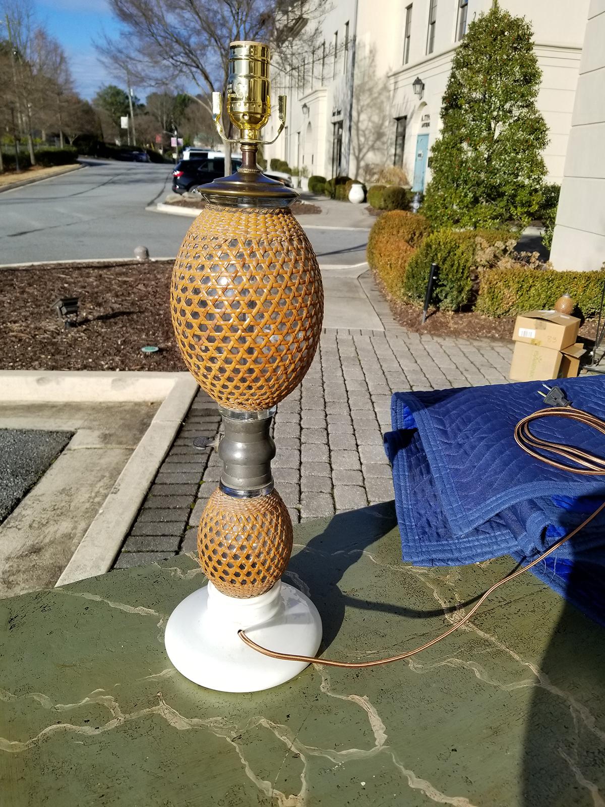 20th Century French Rattan Covered Glass Seltzer Bottle as Lamp For Sale 1