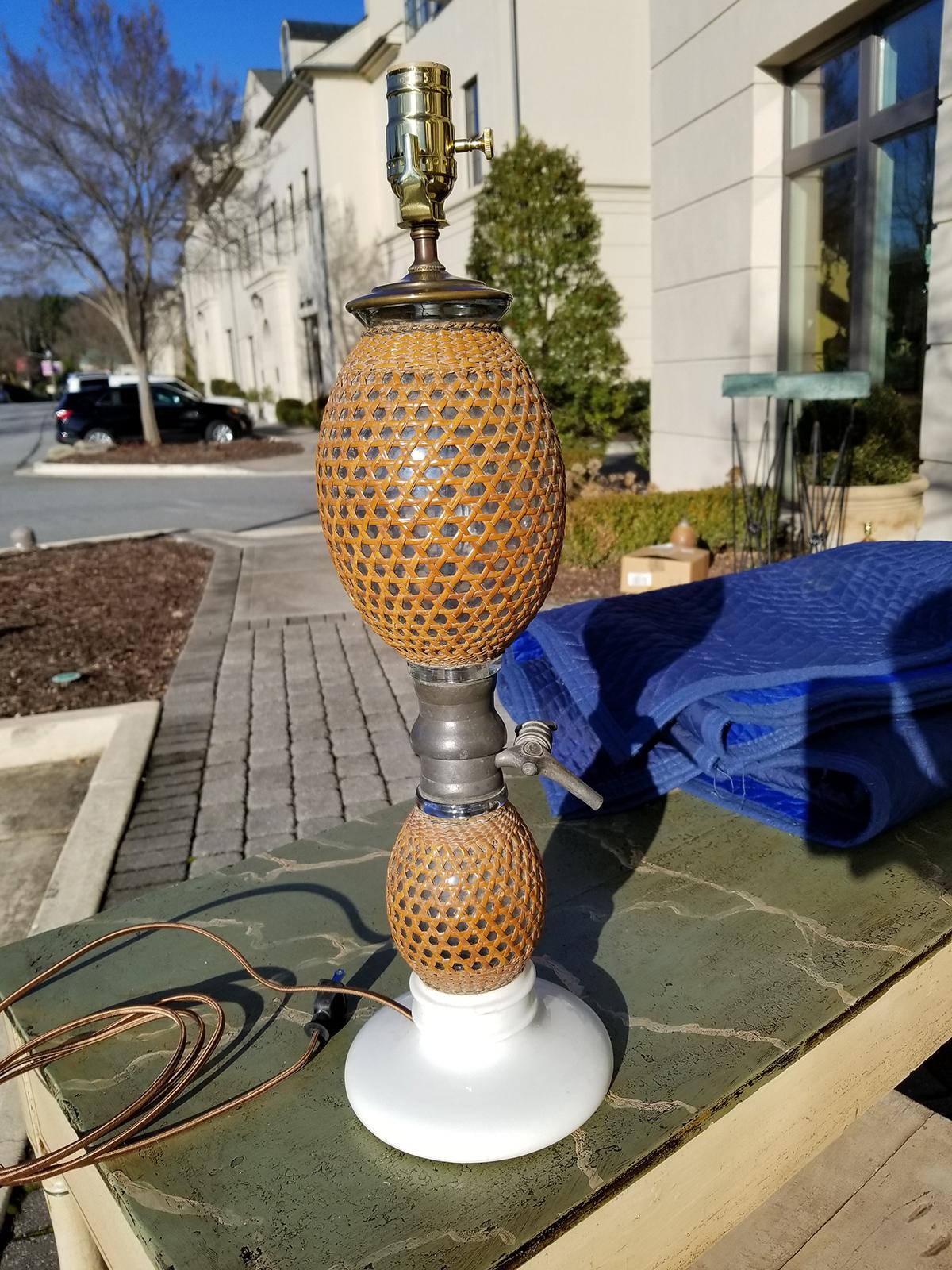 20th Century French Rattan Covered Glass Seltzer Bottle as Lamp For Sale 2