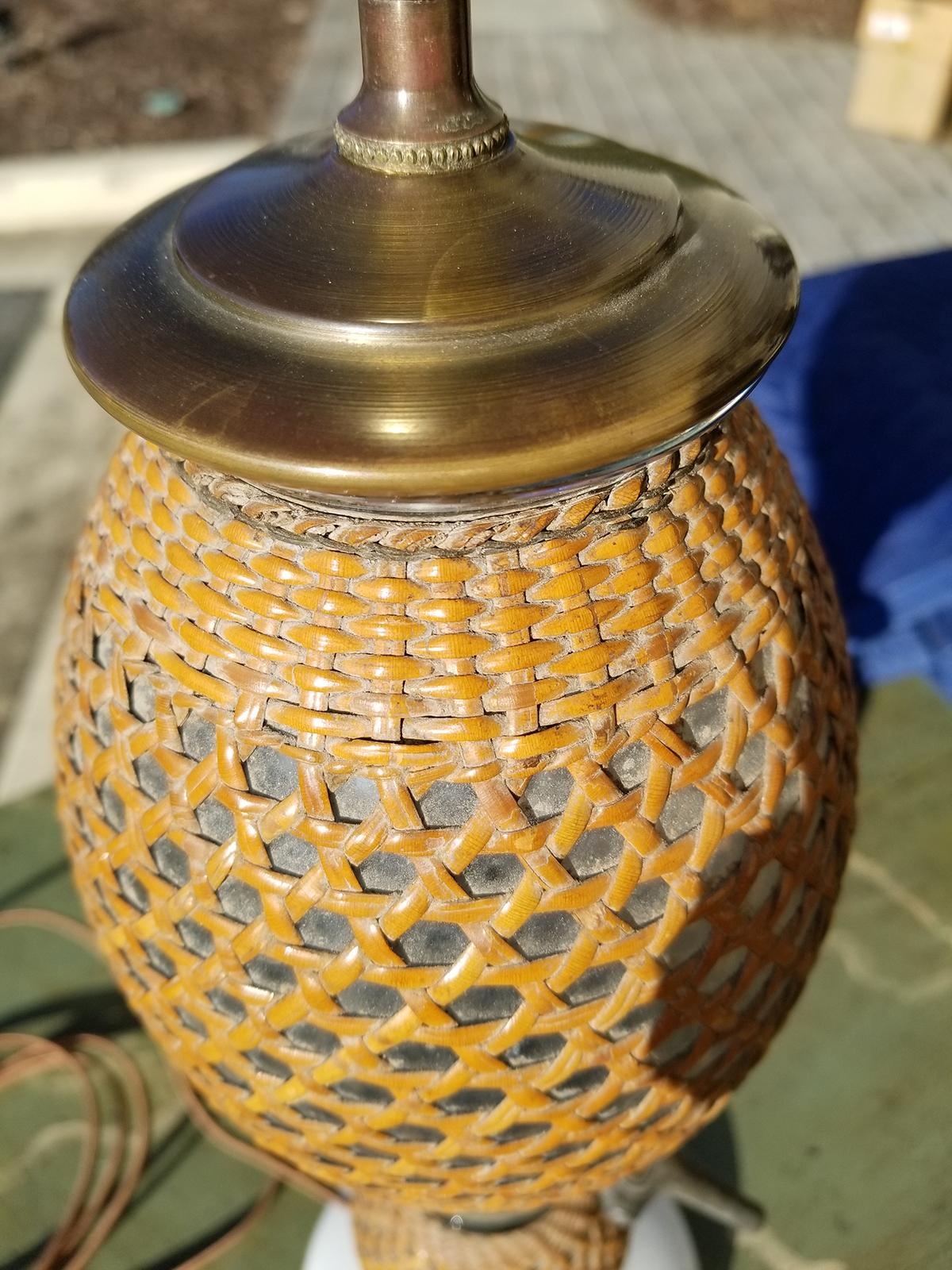 20th Century French Rattan Covered Glass Seltzer Bottle as Lamp For Sale 4