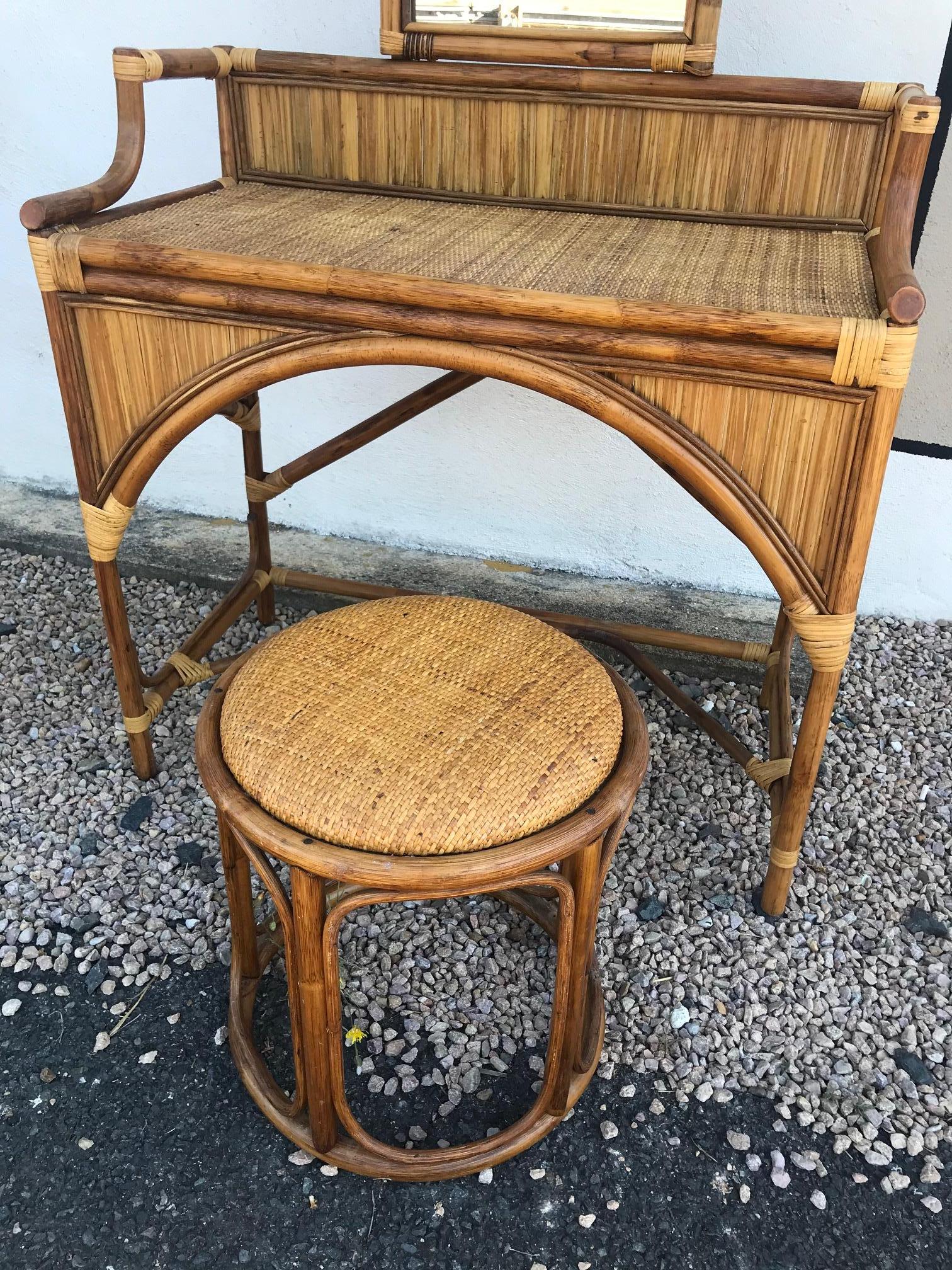 20th Century French Rattan Dressing Table and Its Stool, 1960s 8