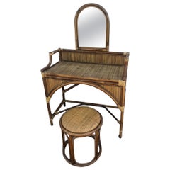 20th Century French Rattan Dressing Table and Its Stool, 1960s