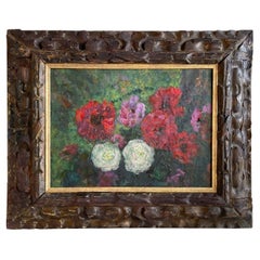 Französisches rotes, rosa-weißes Blumengemälde des 20. Jahrhunderts, Ölgemälde von Victor Charreton