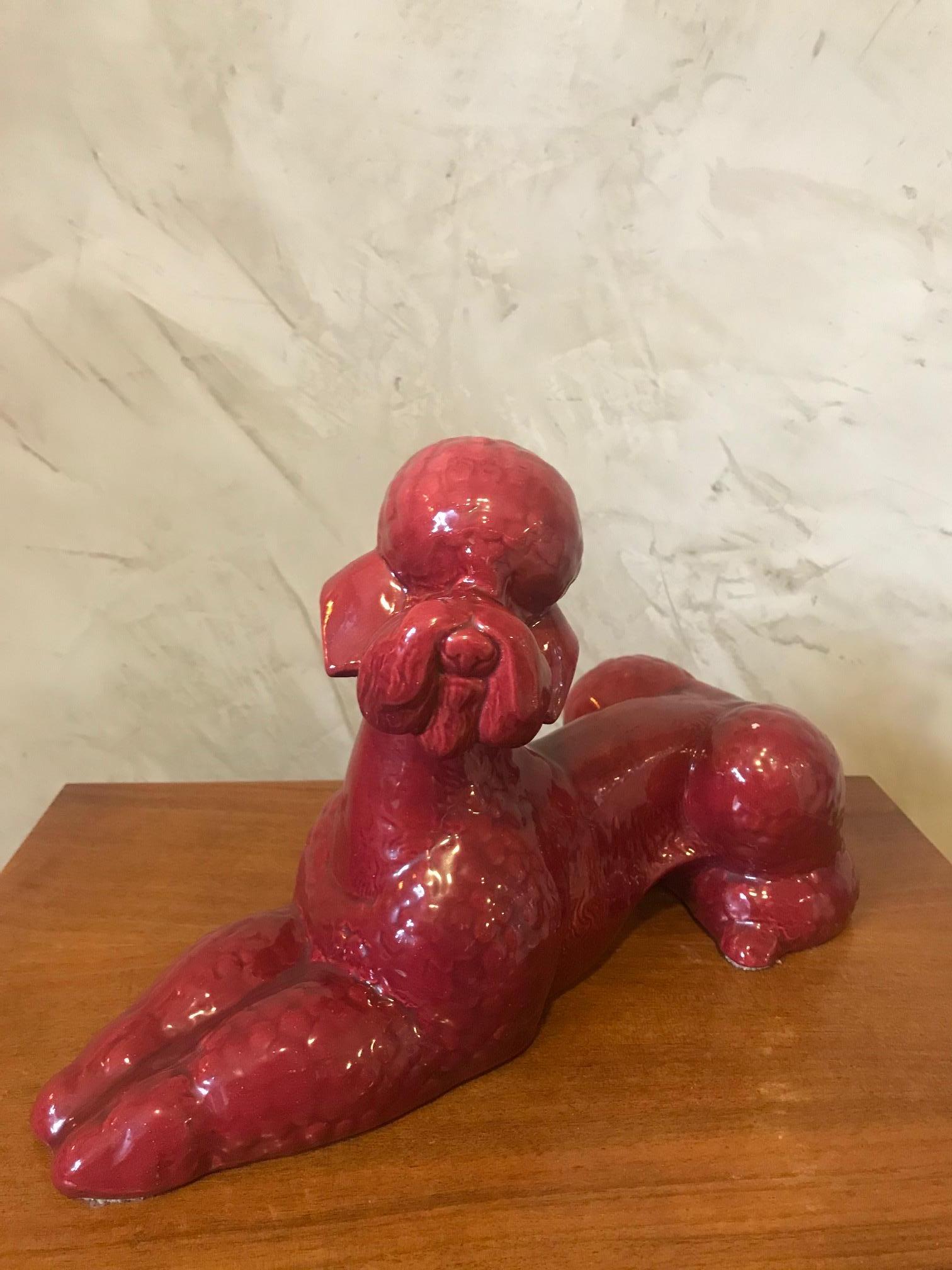 Mid-20th Century 20th Century French Red Porcelain Poodle Dog Sculpture