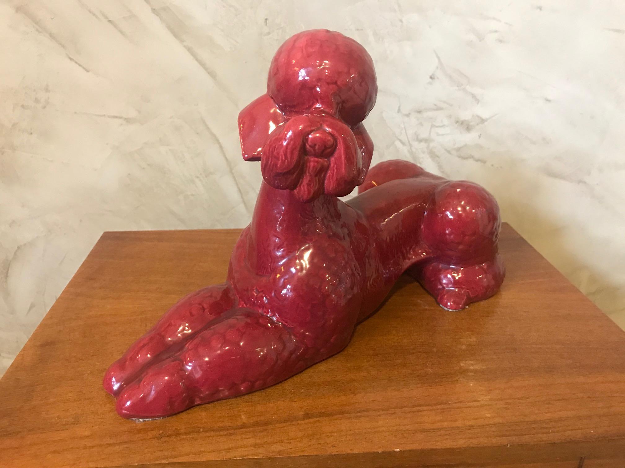 20th Century French Red Porcelain Poodle Dog Sculpture 1