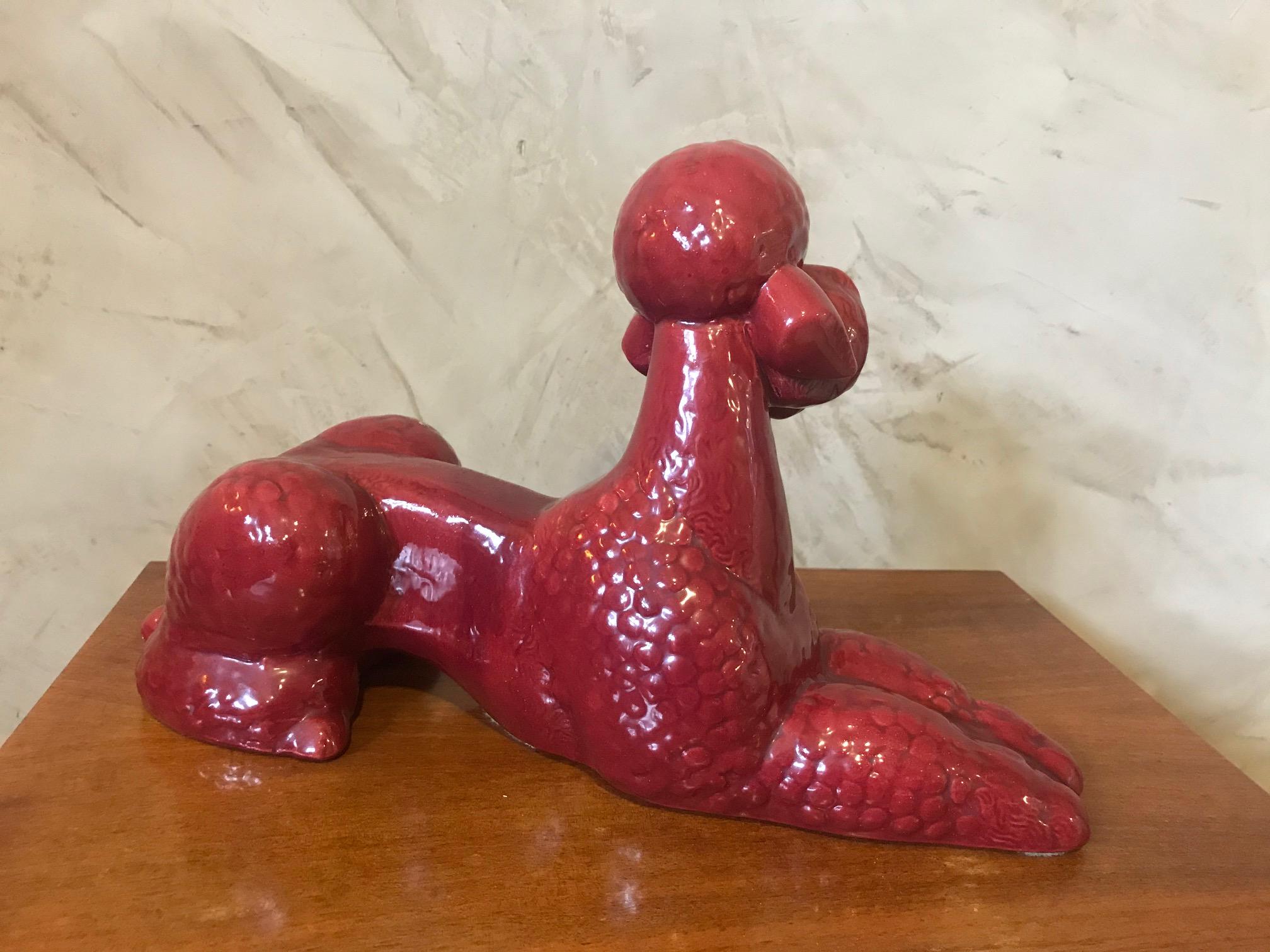 20th Century French Red Porcelain Poodle Dog Sculpture 2
