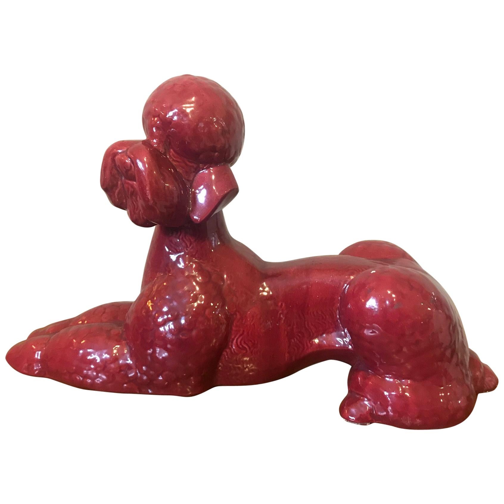 20th Century French Red Porcelain Poodle Dog Sculpture