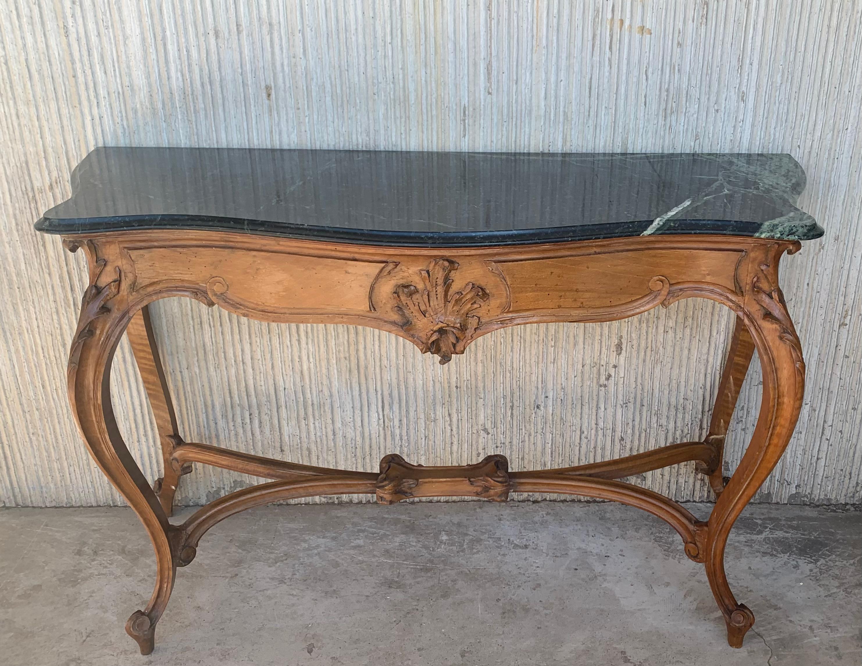 20th Century French Regency Carved Walnut Console Table with Green Marble Top In Good Condition In Miami, FL