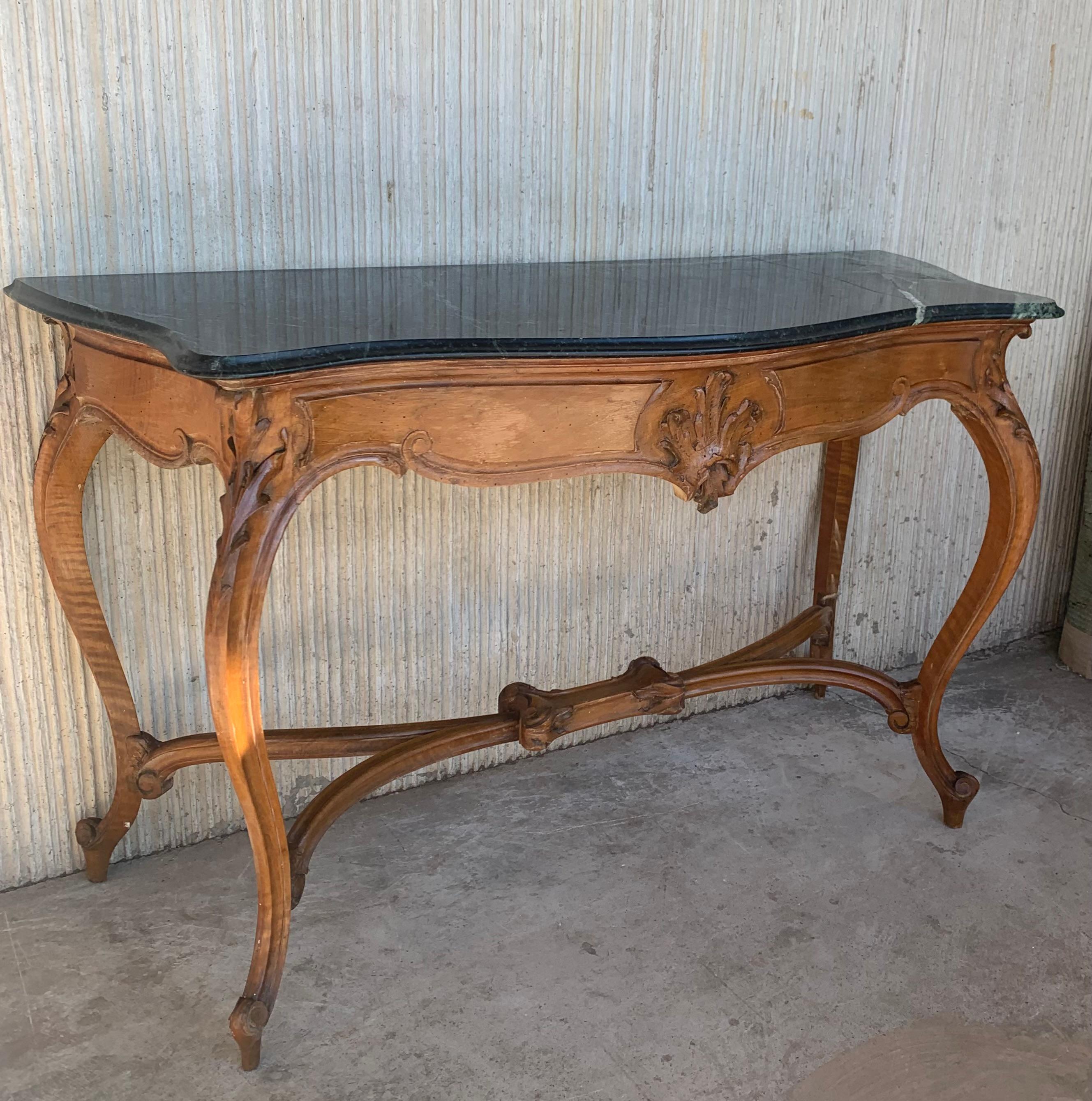19th Century 20th Century French Regency Carved Walnut Console Table with Green Marble Top