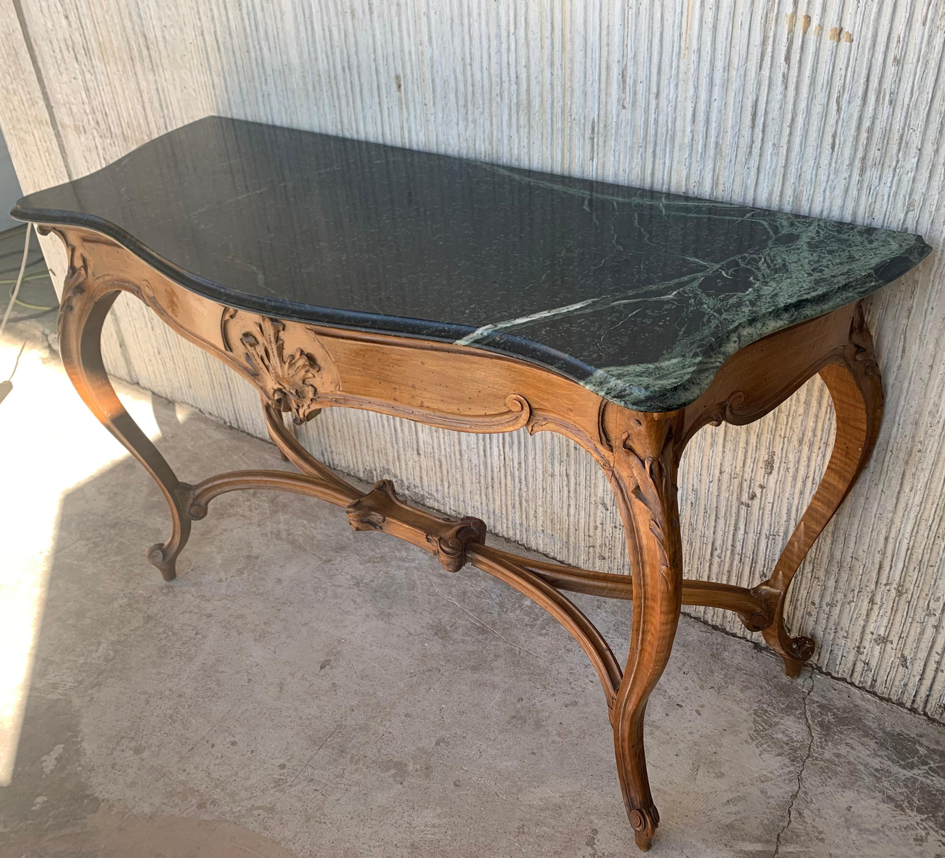 20th Century French Regency Carved Walnut Console Table with Green Marble Top 1