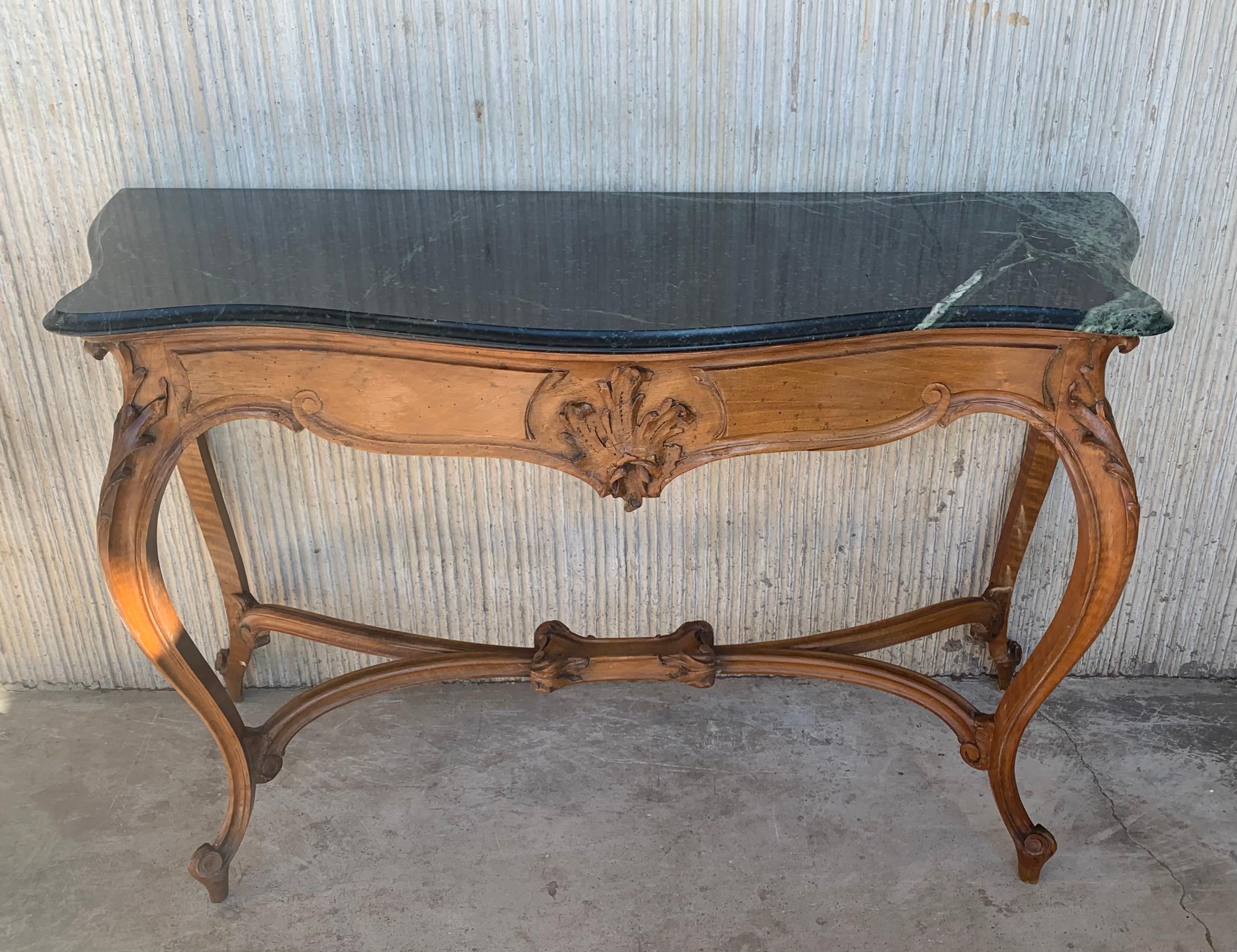 20th Century French Regency Carved Walnut Console Table with Green Marble Top 2