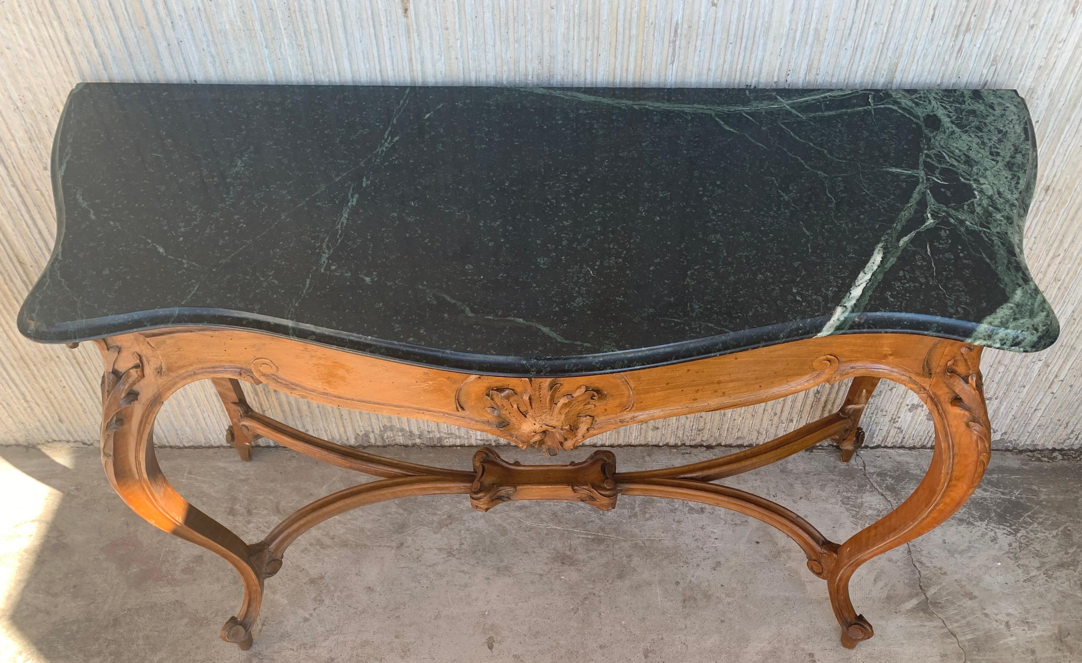 20th Century French Regency Carved Walnut Console Table with Green Marble Top 3