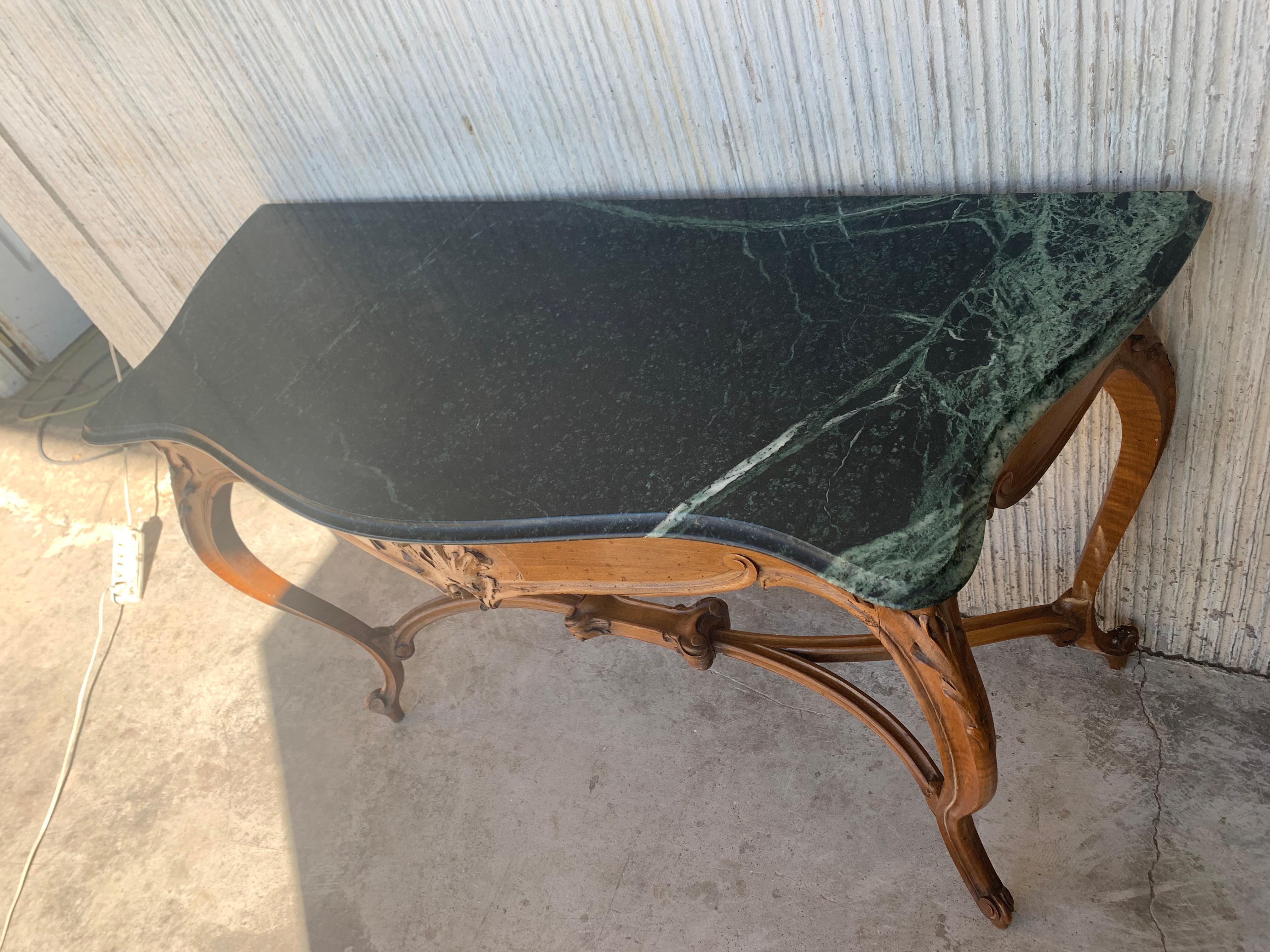 20th Century French Regency Carved Walnut Console Table with Green Marble Top 4