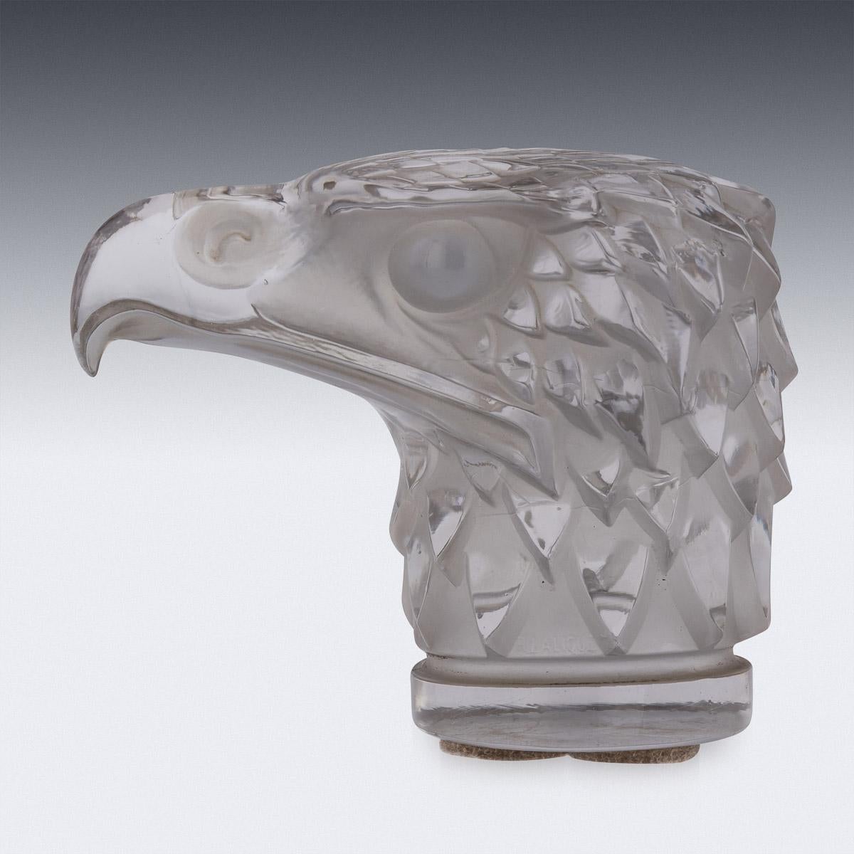 Antique 20th century French Art Deco “Tête d’Aigle” Car Mascot by René Lalique. A superb, well detailed, frosted and polished glass car mascot of an eagle’s head with fine moulded and hand finished details, signed R.Lalique France, Date Introduced: