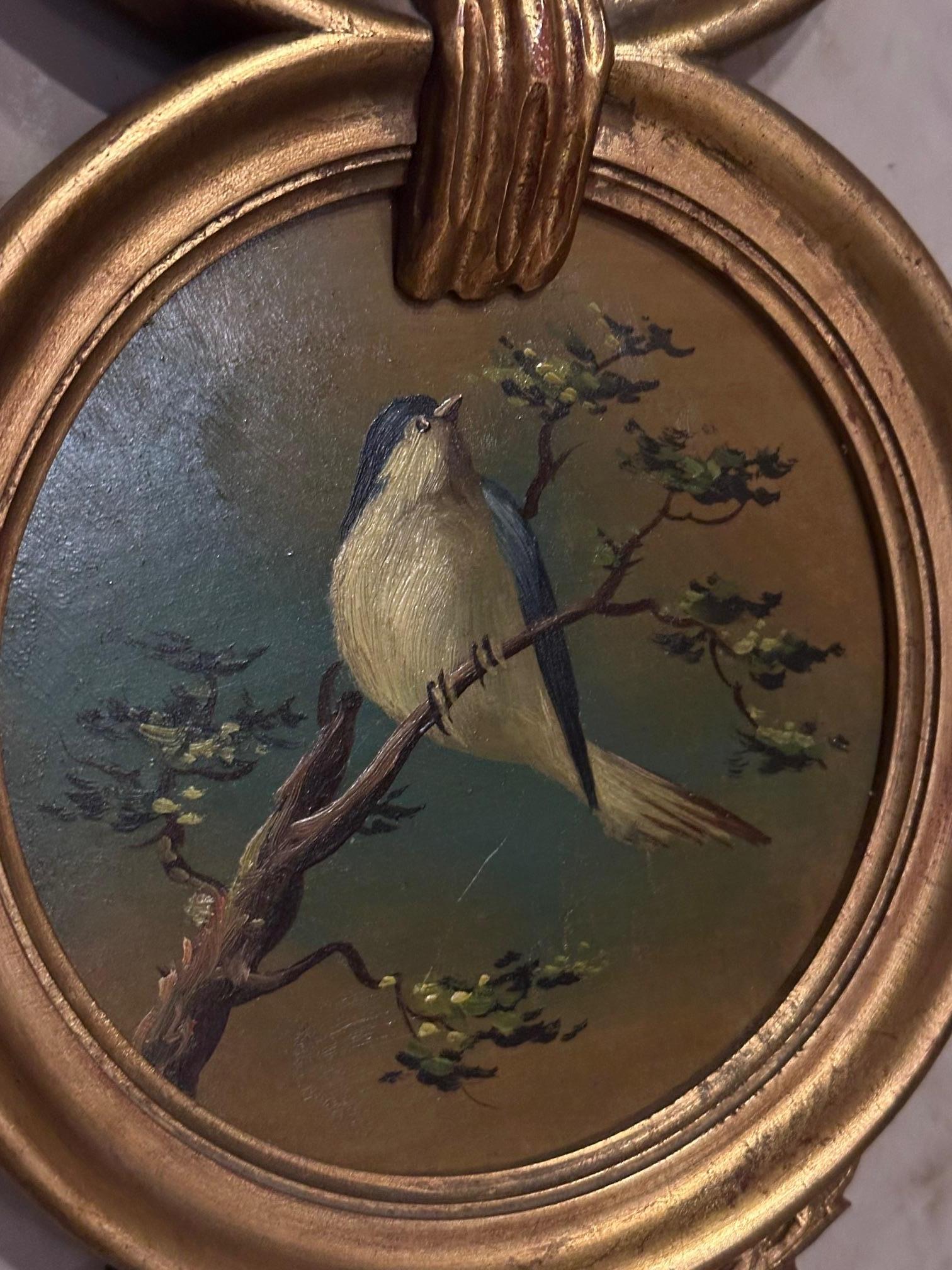 Wood 20th century French Romantique Bird Painting, 1950s For Sale