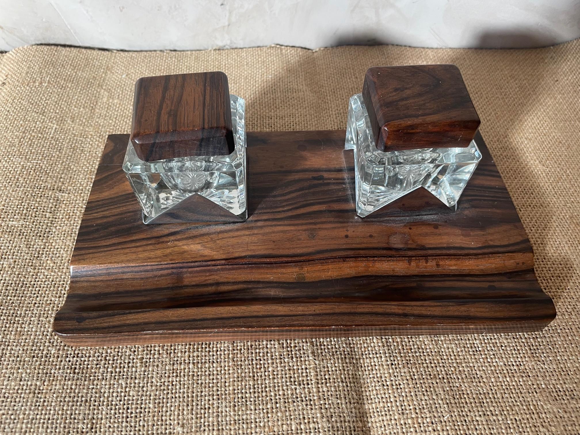 20th Century French Rosewood and Glass Inkwell, 1960s 5