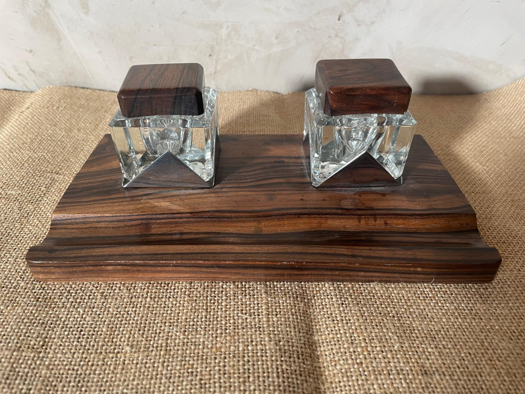 20th Century French Rosewood and Glass Inkwell, 1960s 6
