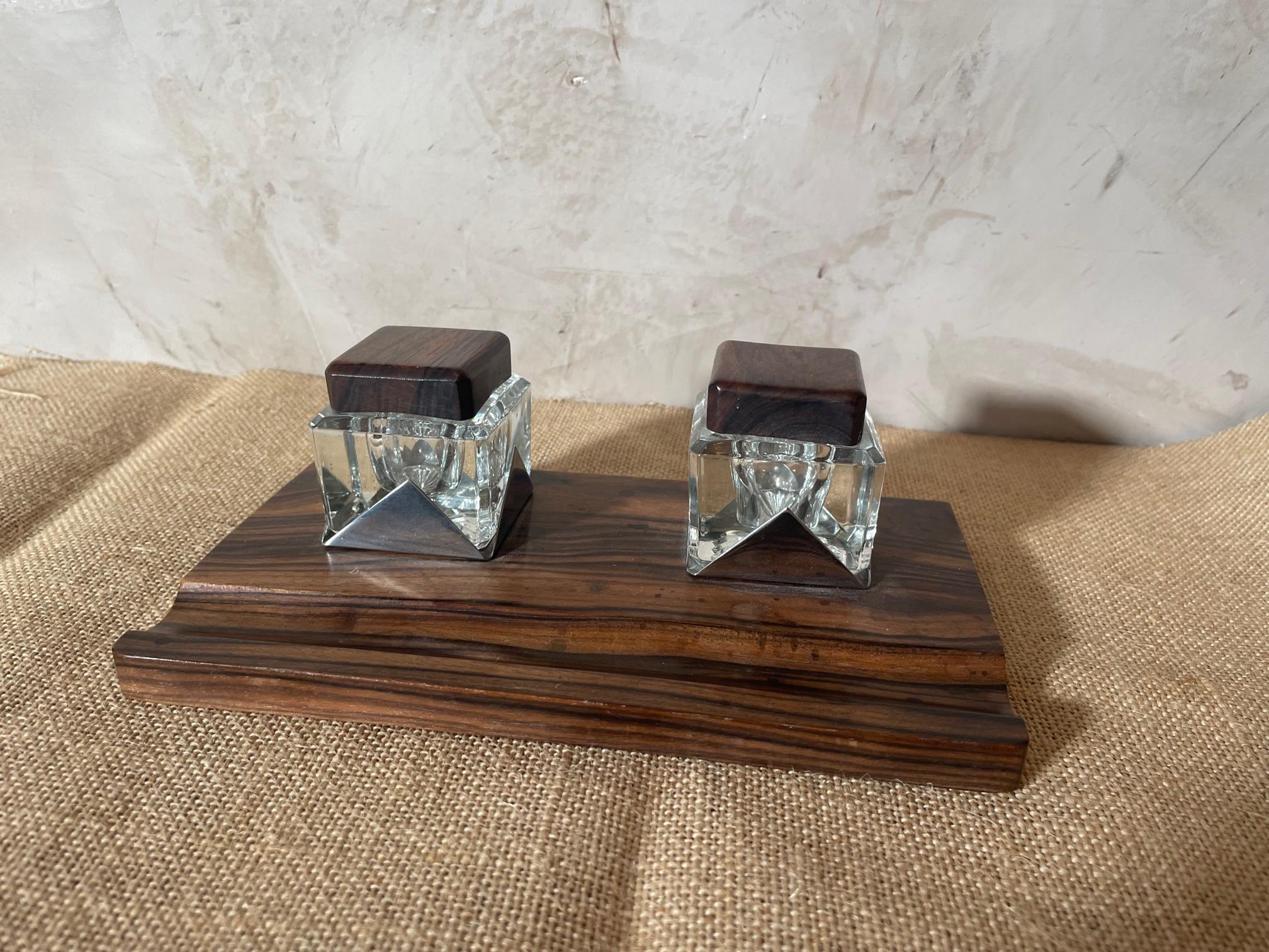 20th Century French Rosewood and Glass Inkwell, 1960s In Good Condition In LEGNY, FR