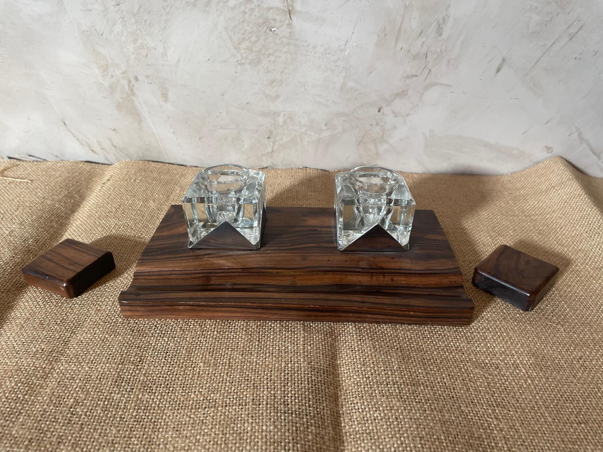 Metal 20th Century French Rosewood and Glass Inkwell, 1960s